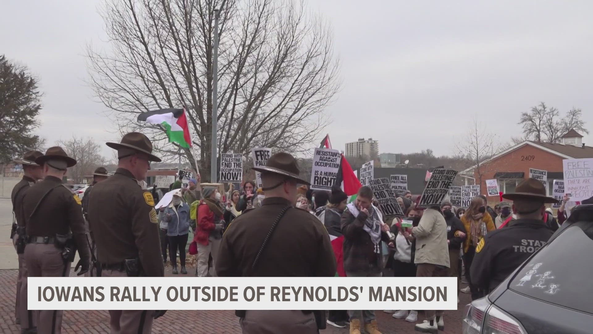 Local advocacy groups gathered outside of Terrace Hill to stand in solidarity for Palestine and send a message to Gov. Kim Reynolds.