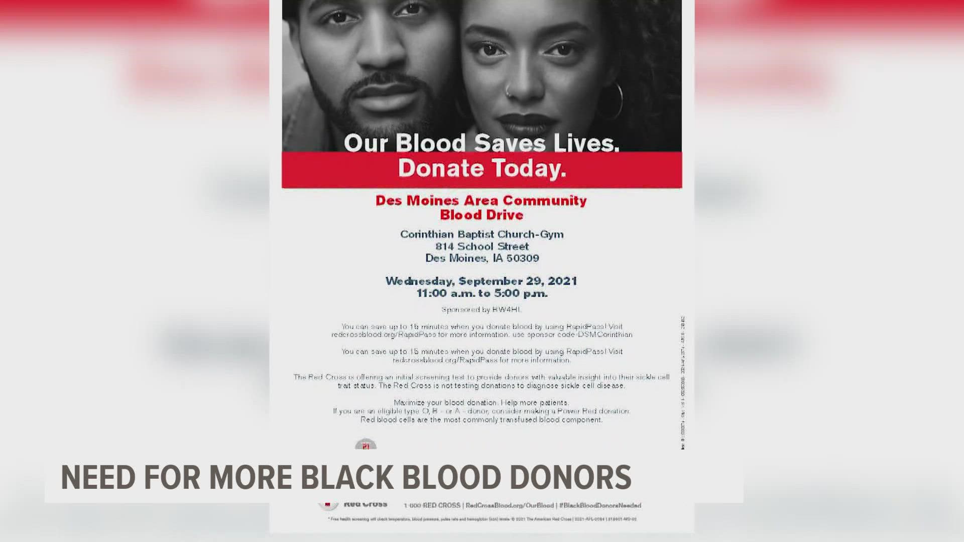 Black Women 4 Healthy Living is holding a blood drive on Sept. 29 at Corinthian Baptist Church in Des Moines from 11 a.m. - 5 p.m.