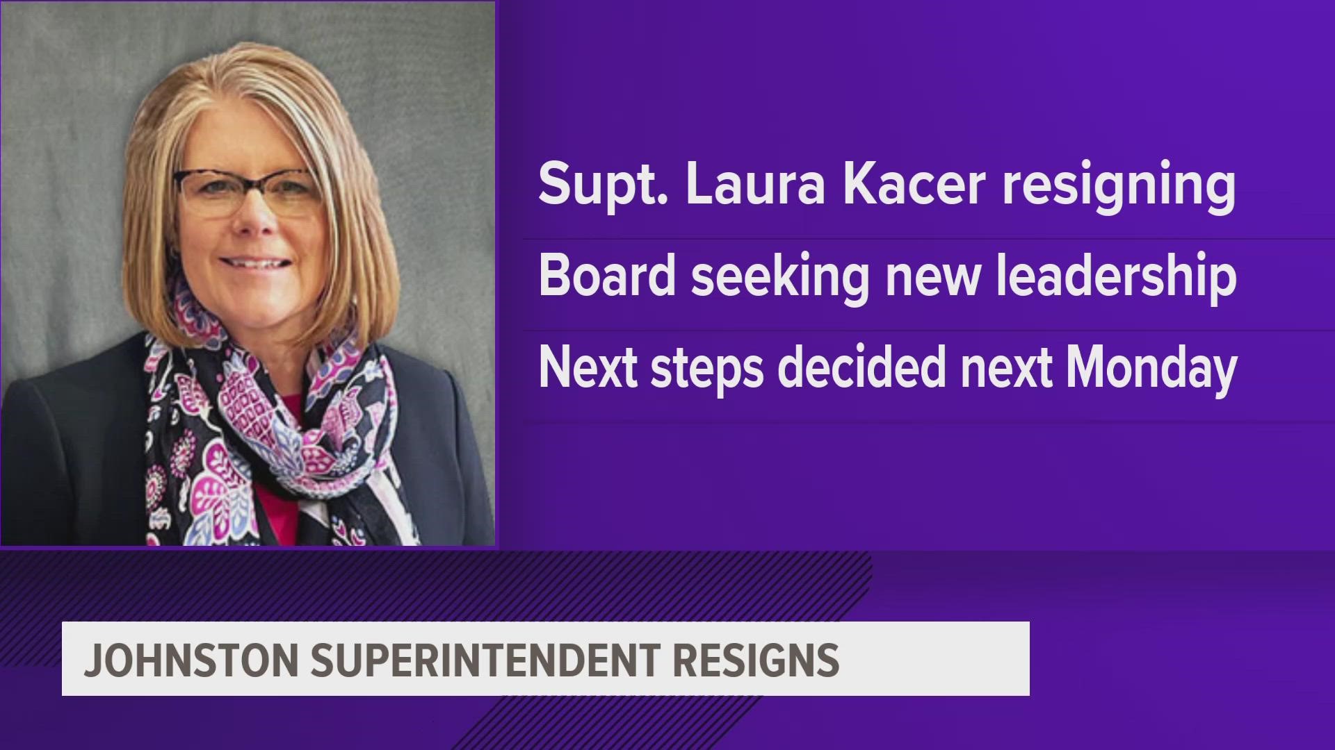 Johnston Community School District Superintendent Laura Kacer will be offering her resignation at the Feb. 20 board meeting. She will step down on June 30, 2023.