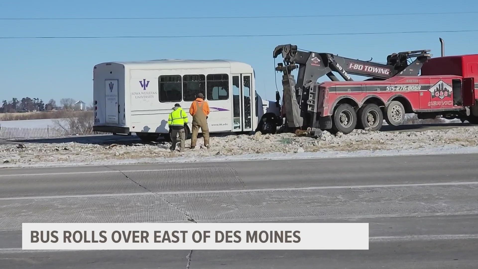 The bus was traveling west to Des Moines from Iowa Wesleyan University in Mount Pleasant when the crash occurred.