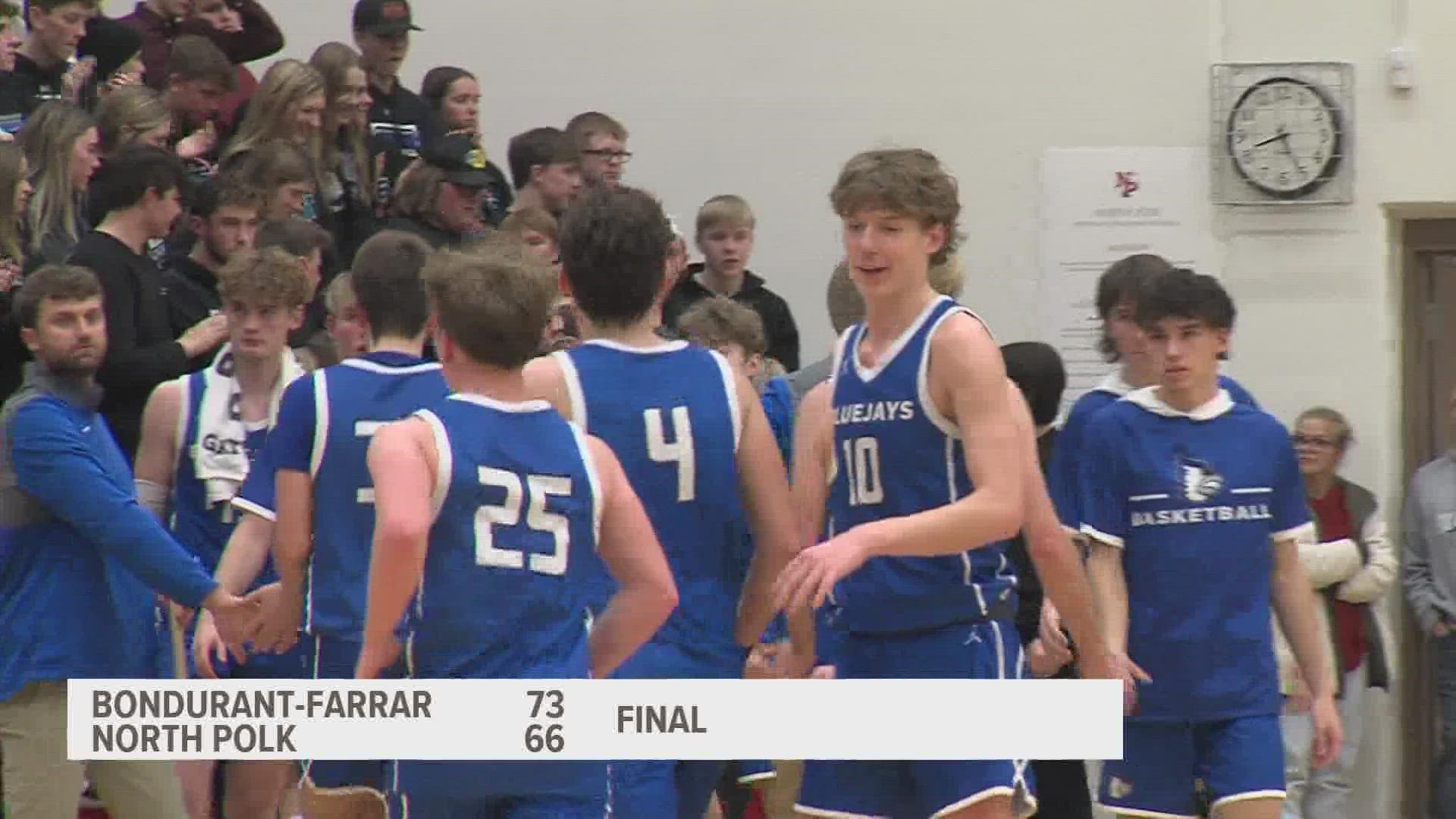 The Bondurant-Farrar Bluejays defeated North Polk in this border battle, 73-66.