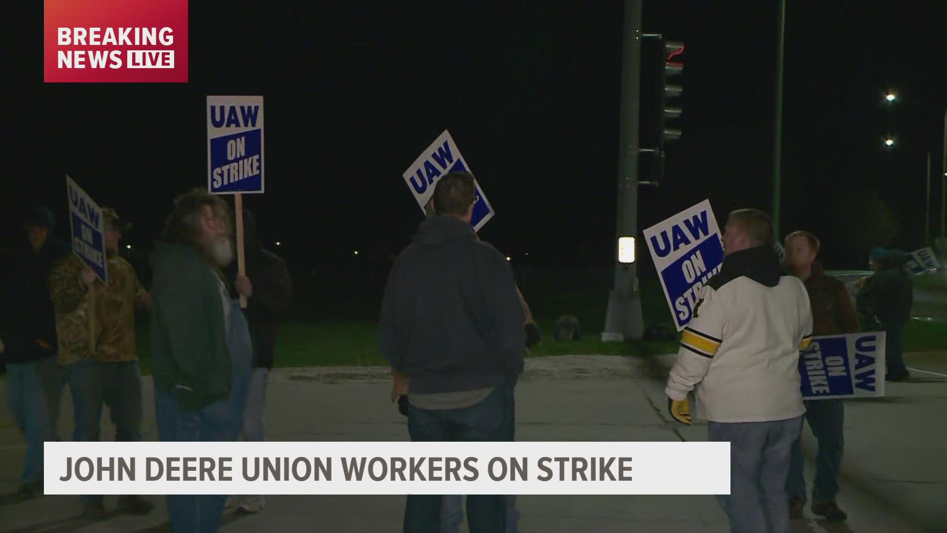 More than 10,000 John Deere workers are striking after United Auto Workers members did not come to an agreement on the proposed contract Wednesday night.