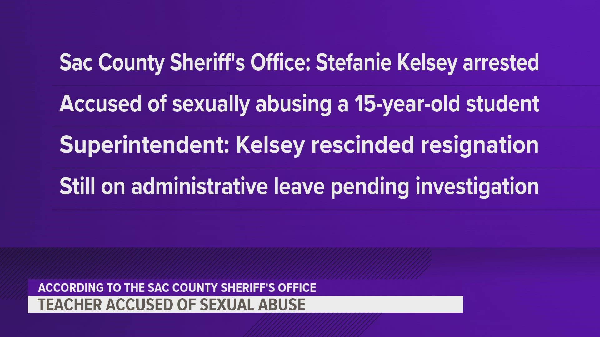 Officials allege Stefanie Kelsey had been having a sexual relationship with a 15-year-old student.