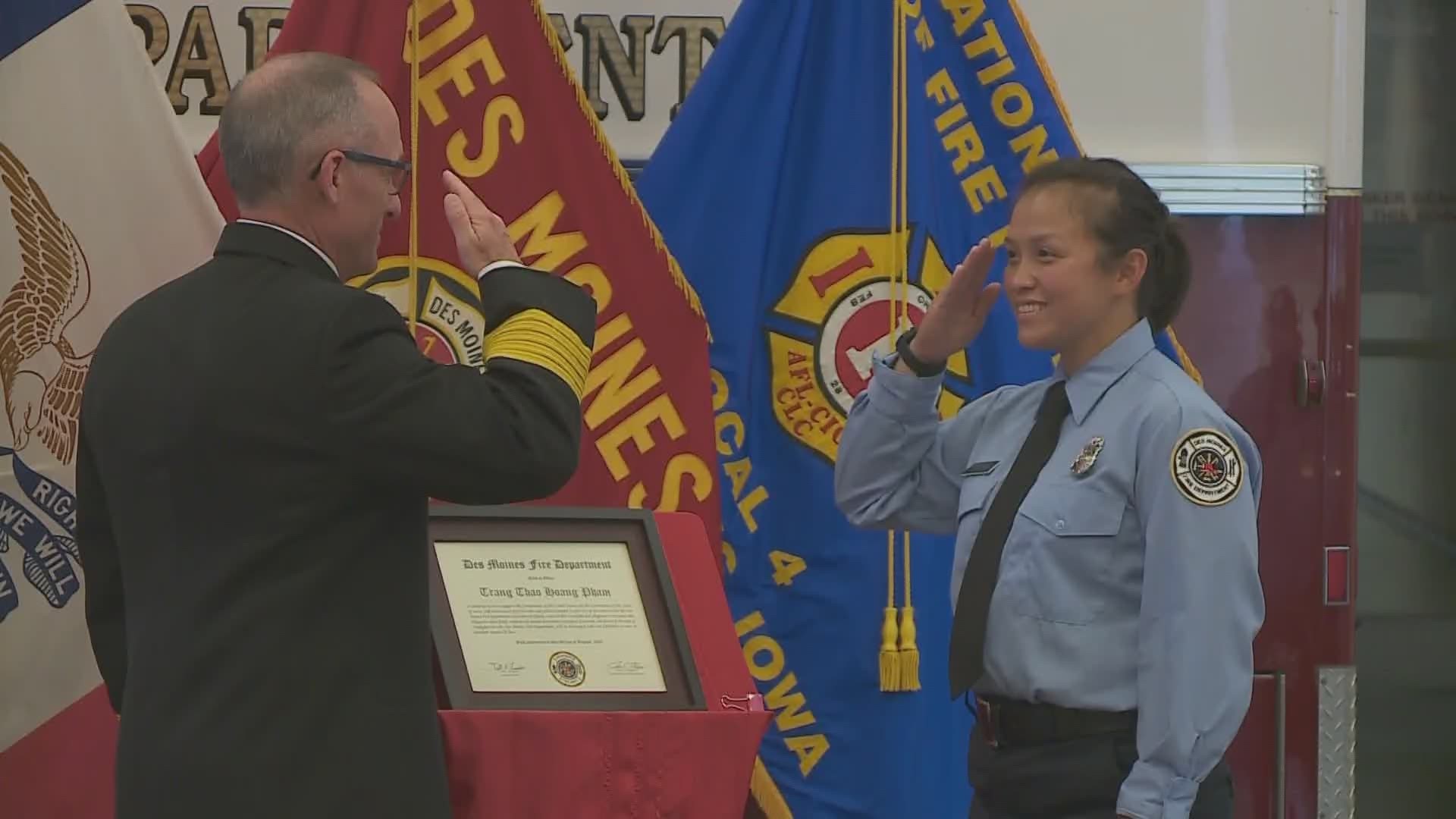 On Thursday, Trang Pham became the first Asian American woman to become a Des Moines firefighter.