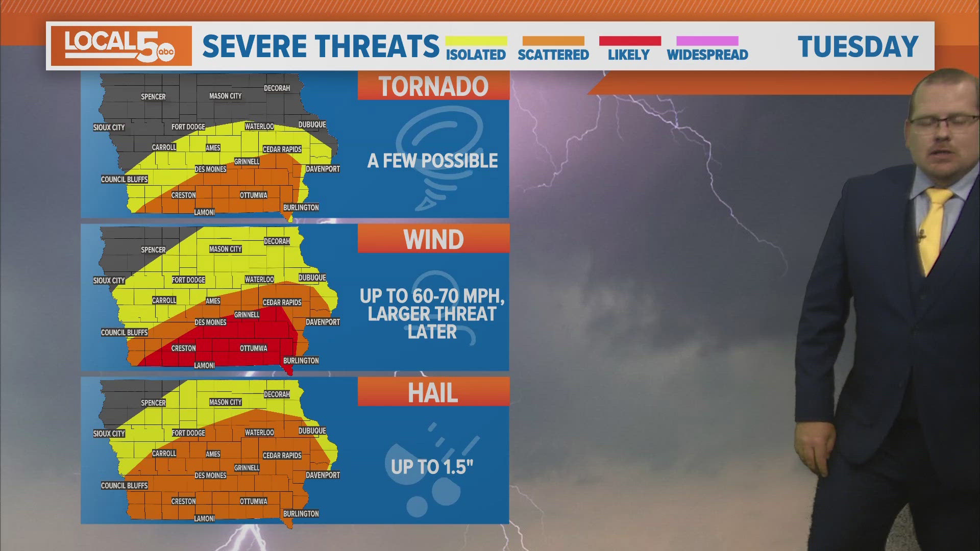 Tornadoes, hail and damaging wind threats with strongest storms