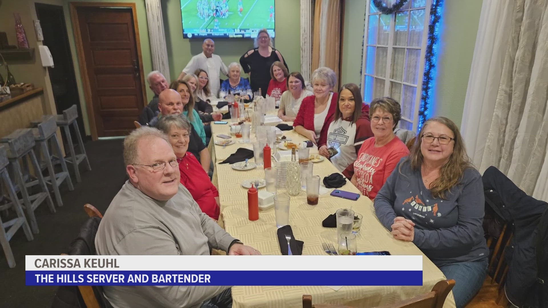 The group ate at the Hills and Bar & Grill, giving back to waitress Carissa Keuhl. This year, their total including tip came out to more than $2,000.