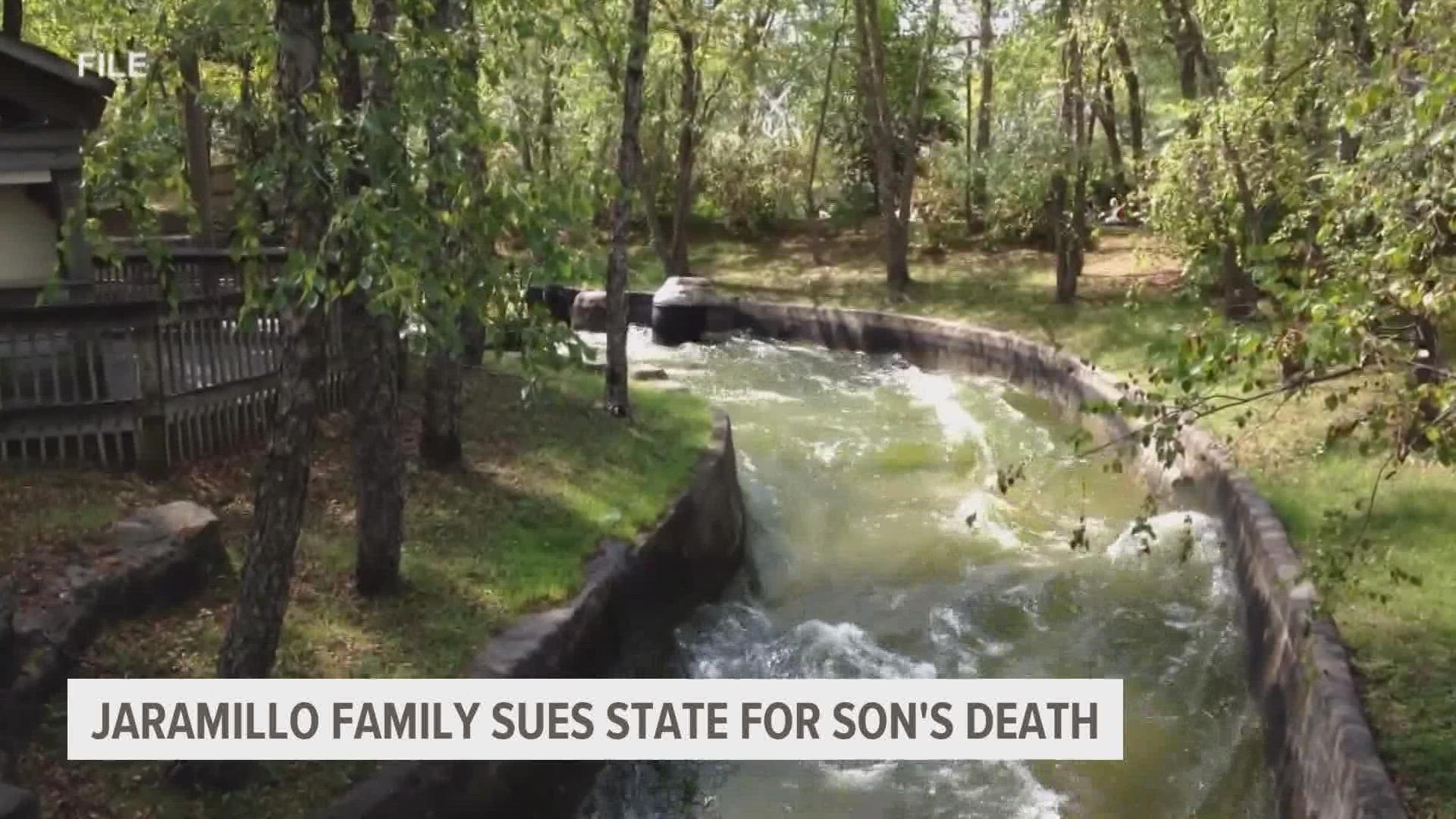 A year after Michael Jaramillo died riding the Raging River at Adventureland, his mother and father are suing the state of Iowa for their part in their son's death.