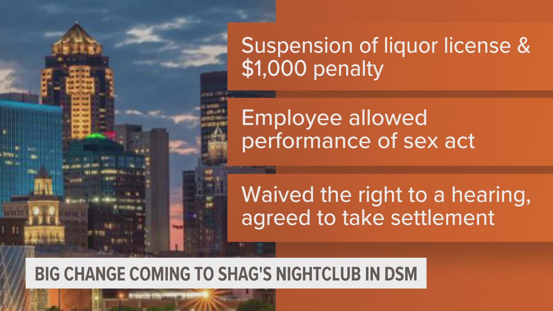 City Council approved a settlement with shag's in downtown Des Moines, including a two-week suspension of their liquor license and $1,000 penalty.