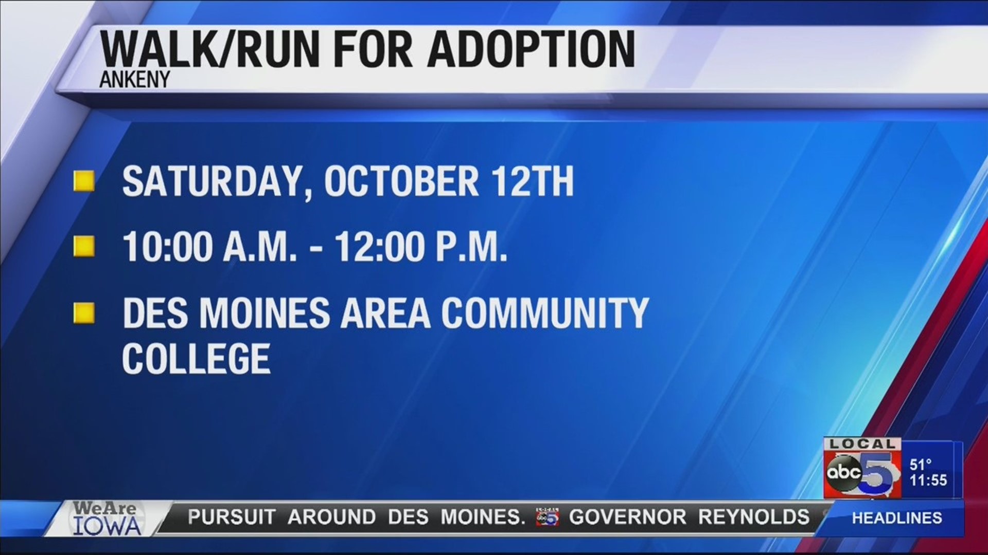 Walk/Run for Adoption is on Saturday, October 12th.