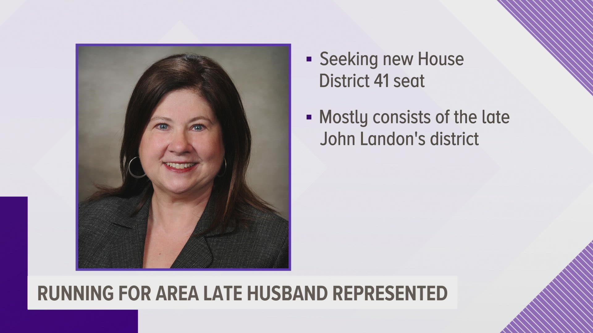 The Republican is running for the new House District 41 seat, which encompasses most of her late husband's district.