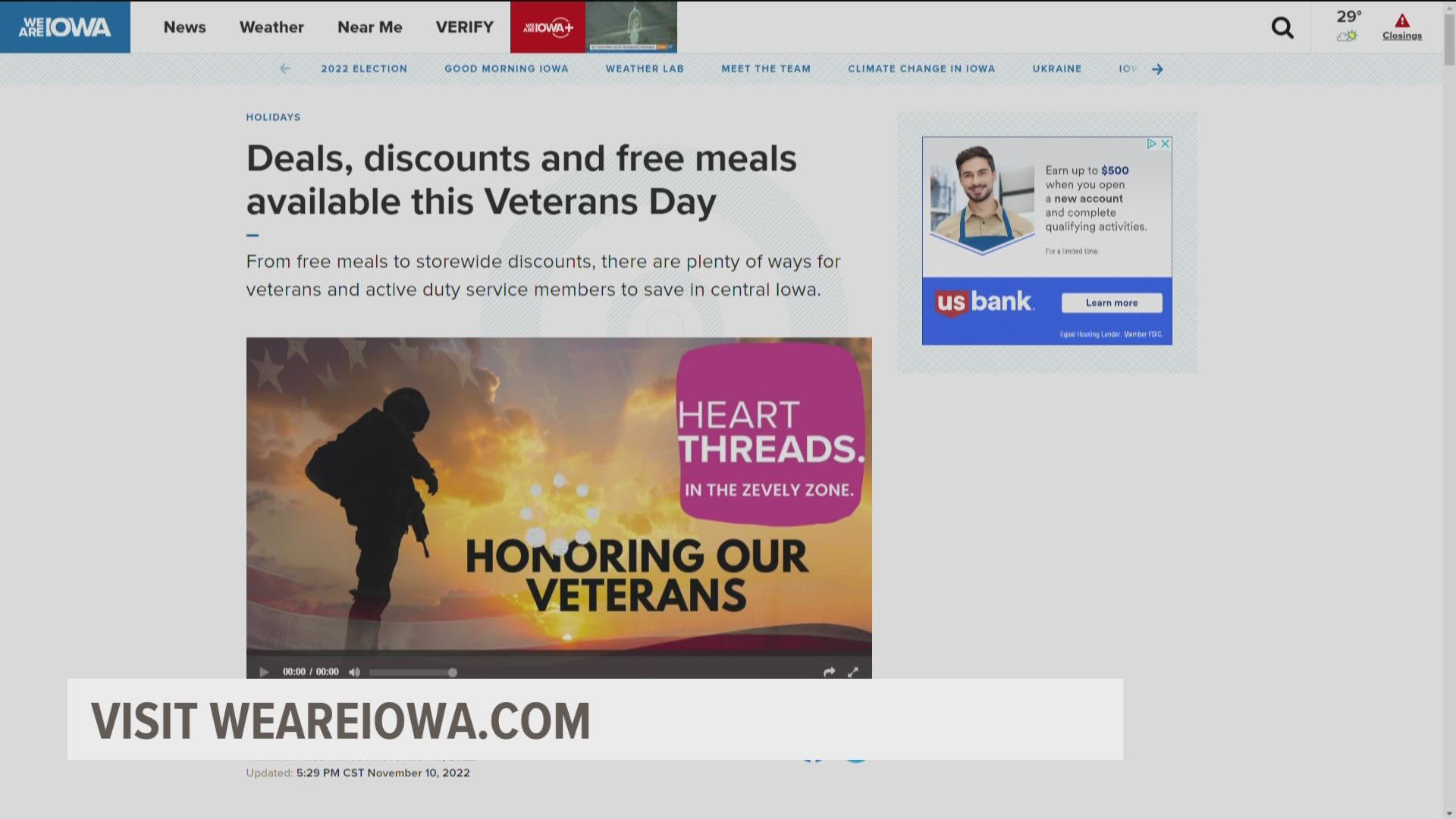 From free meals to storewide discounts, there are plenty of ways for veterans and active duty service members to save in central Iowa.