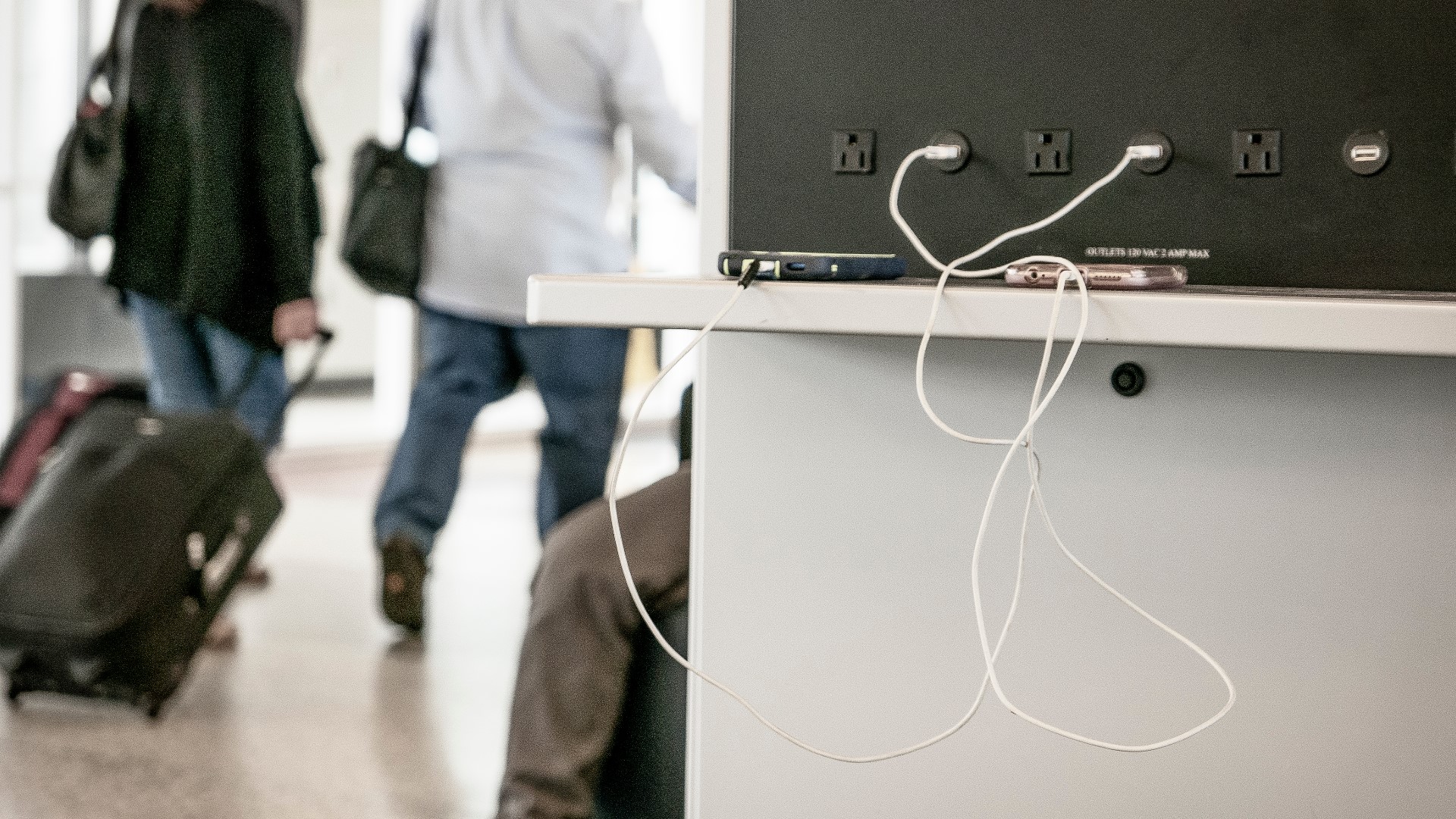 Free charging stations are often found in airports, hotels and shopping centers. The stations have USB ports rather than electrical outlets.