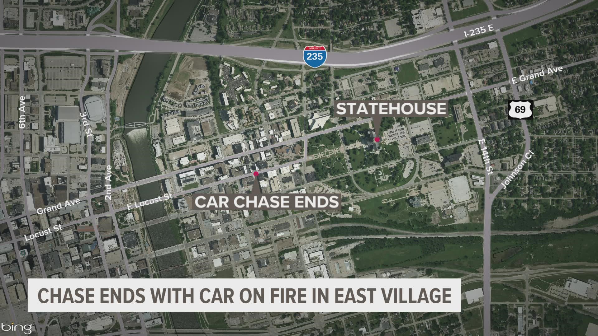 A chase that began in Norwalk ended with a crash in Des Moines. The car caught fire after everyone had gotten out and no one was hurt.