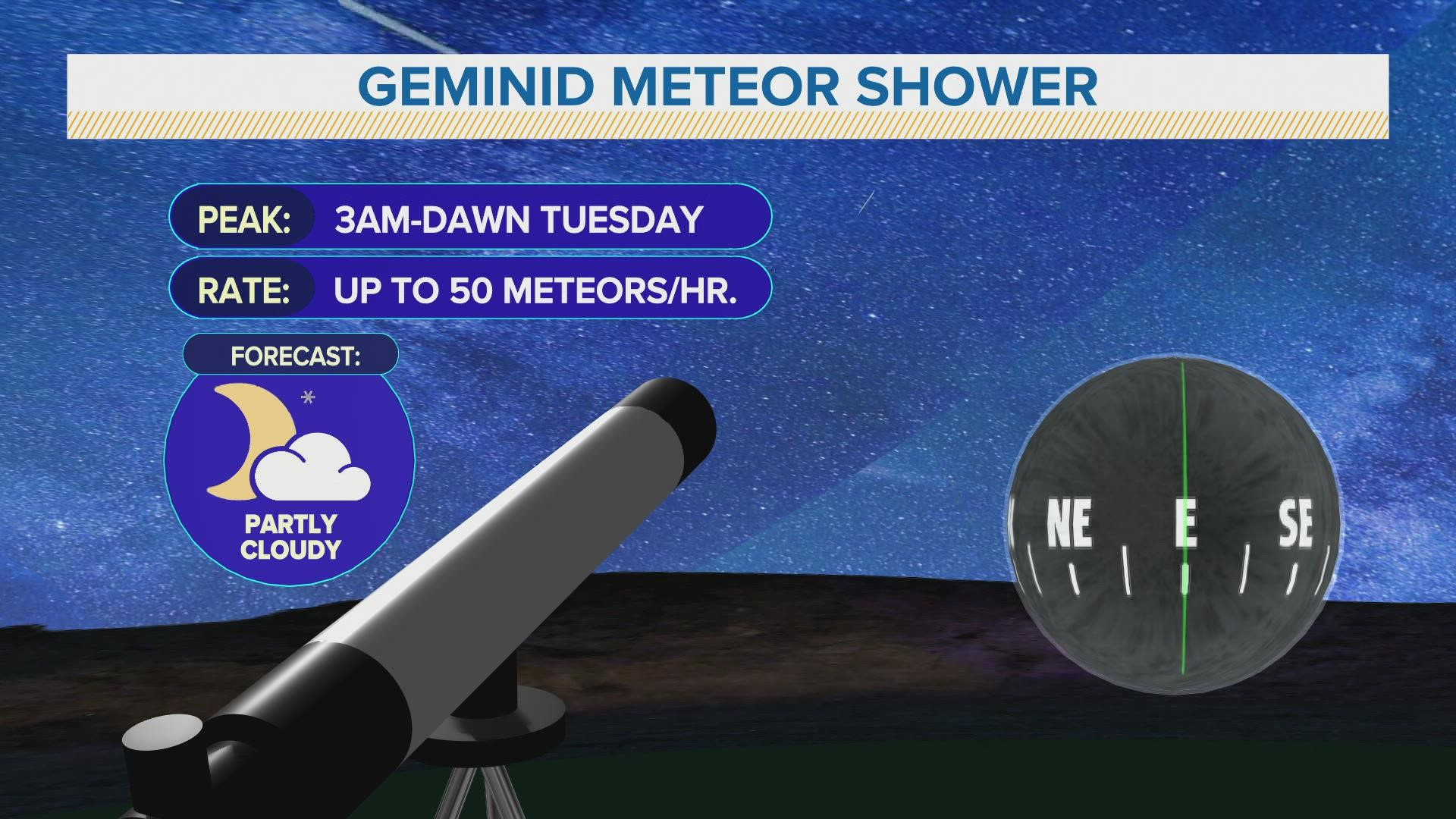 Up to 50 meteors per hour will be possible, but there will be some clouds around here in Iowa.