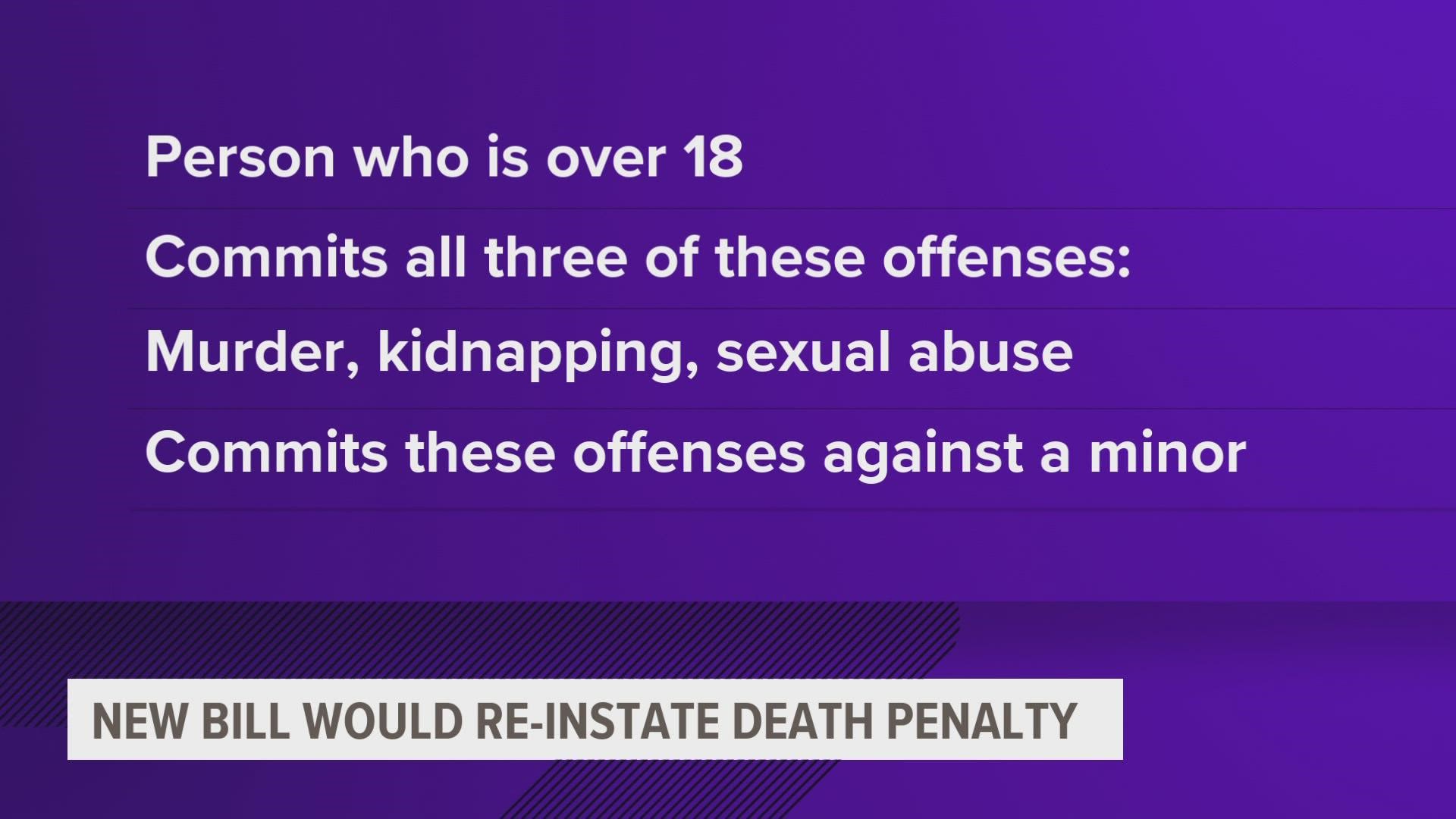 The bill would establish the death penalty for a person who is 18 or older and commits the following offenses against a minor: murder, kidnapping or sexual abuse.