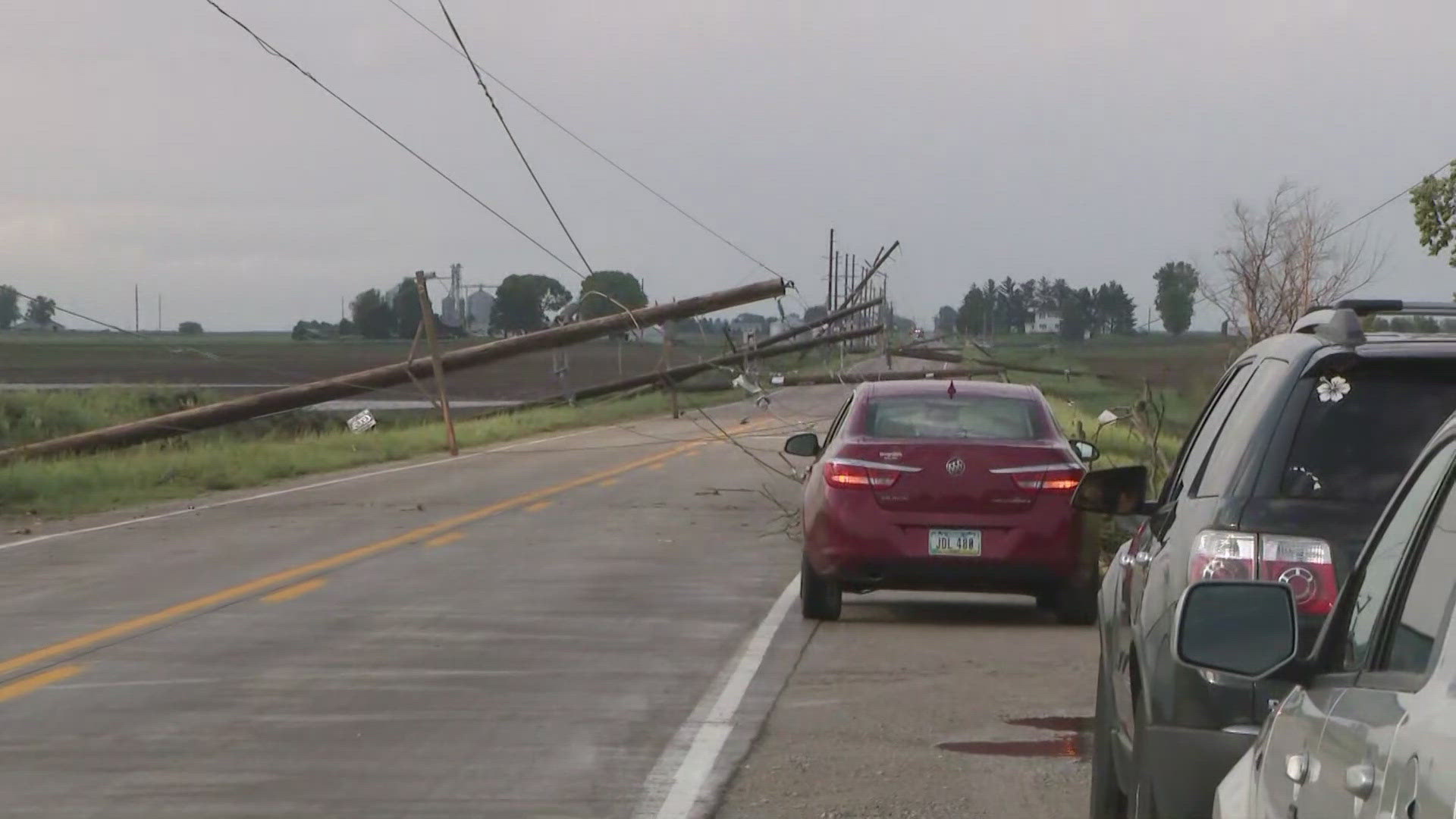 Just east of Newton, Iowa, severe weather downed poles, caused a semi-truck to crash and damaged homes.