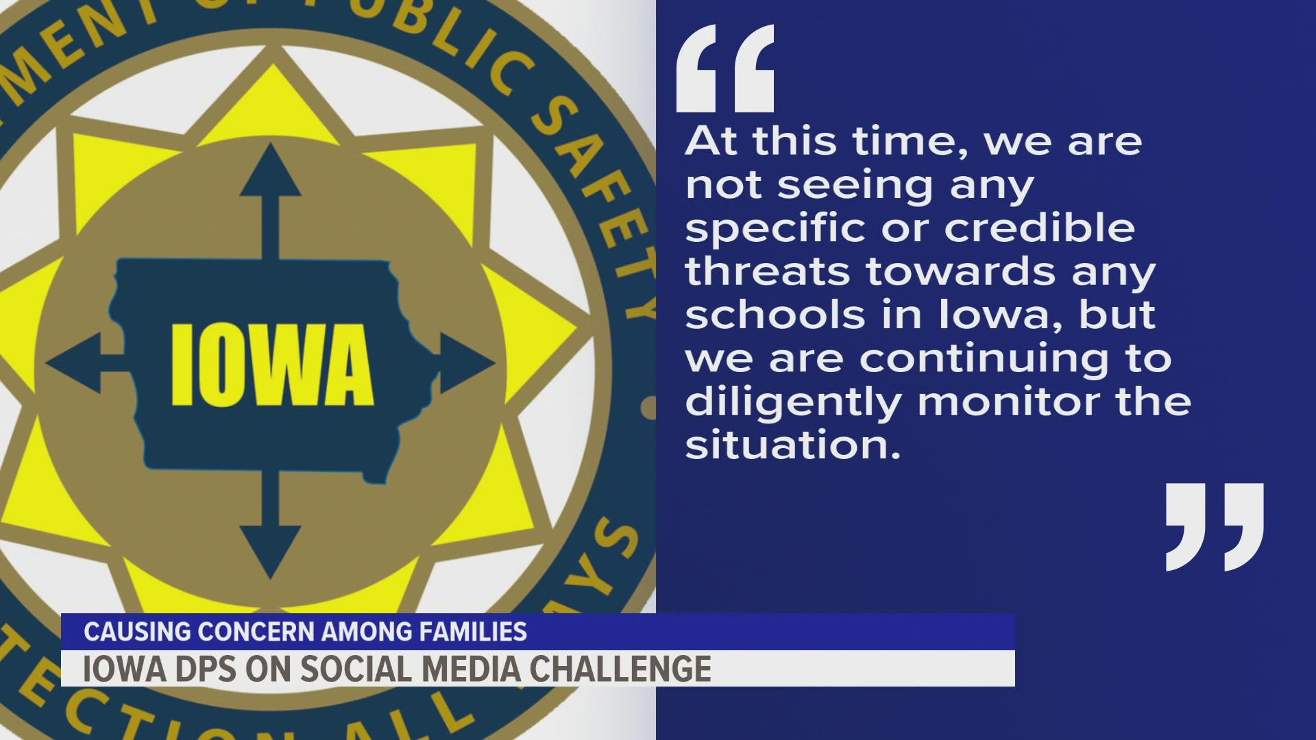 The Iowa Department of Public Safety says it is monitoring a nationwide threat of possible shootings or bombings for Friday.