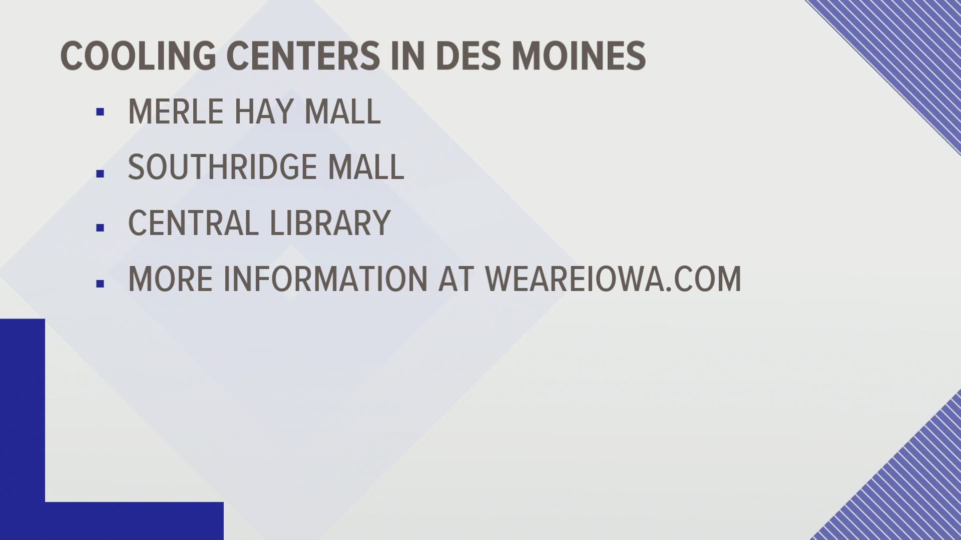 The City of Des Moines identified several locations for residents to go to stay cool.