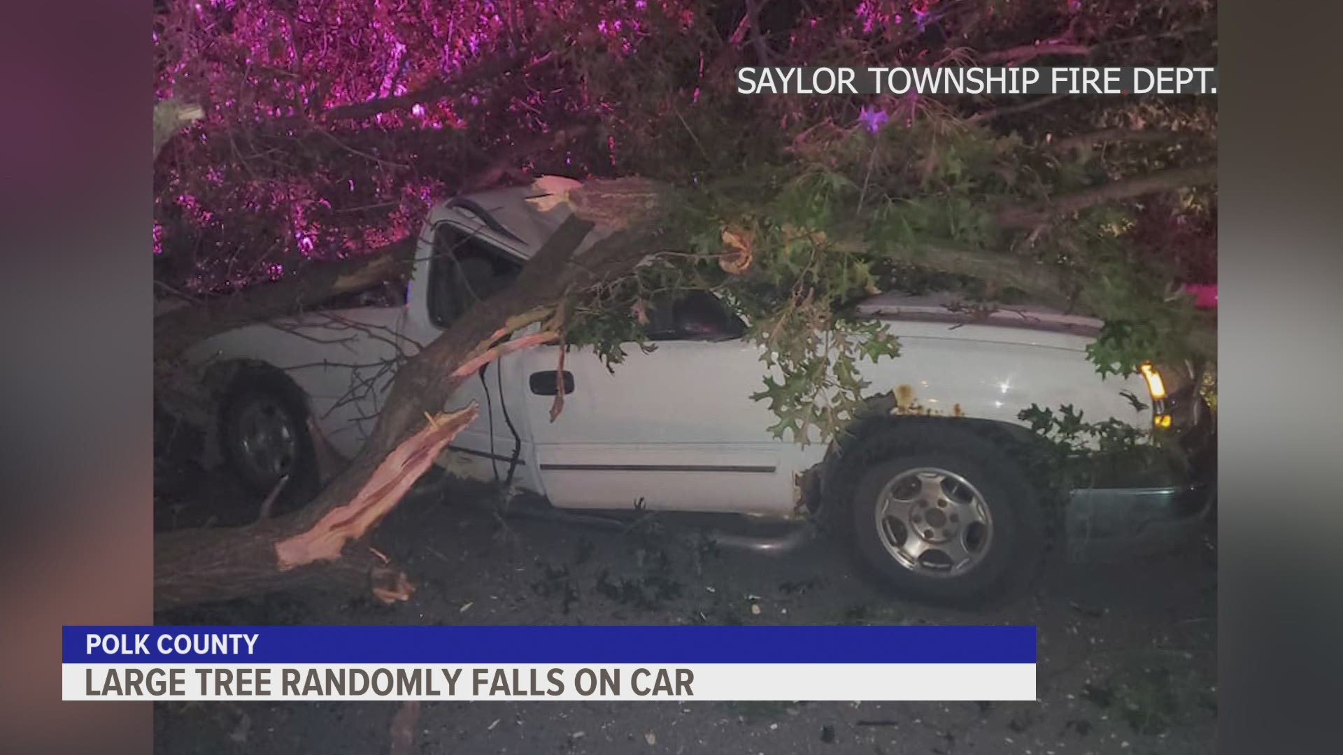 Saylor Township Fire Department said a large tree fell on a car around 1 a.m. Thursday. No serious injuries were reported.