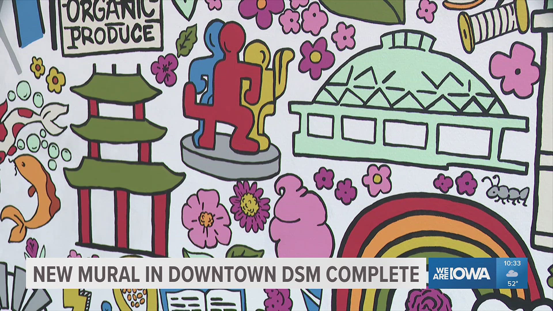 The mural features iconic symbols and location familiar to Des Moines residents.