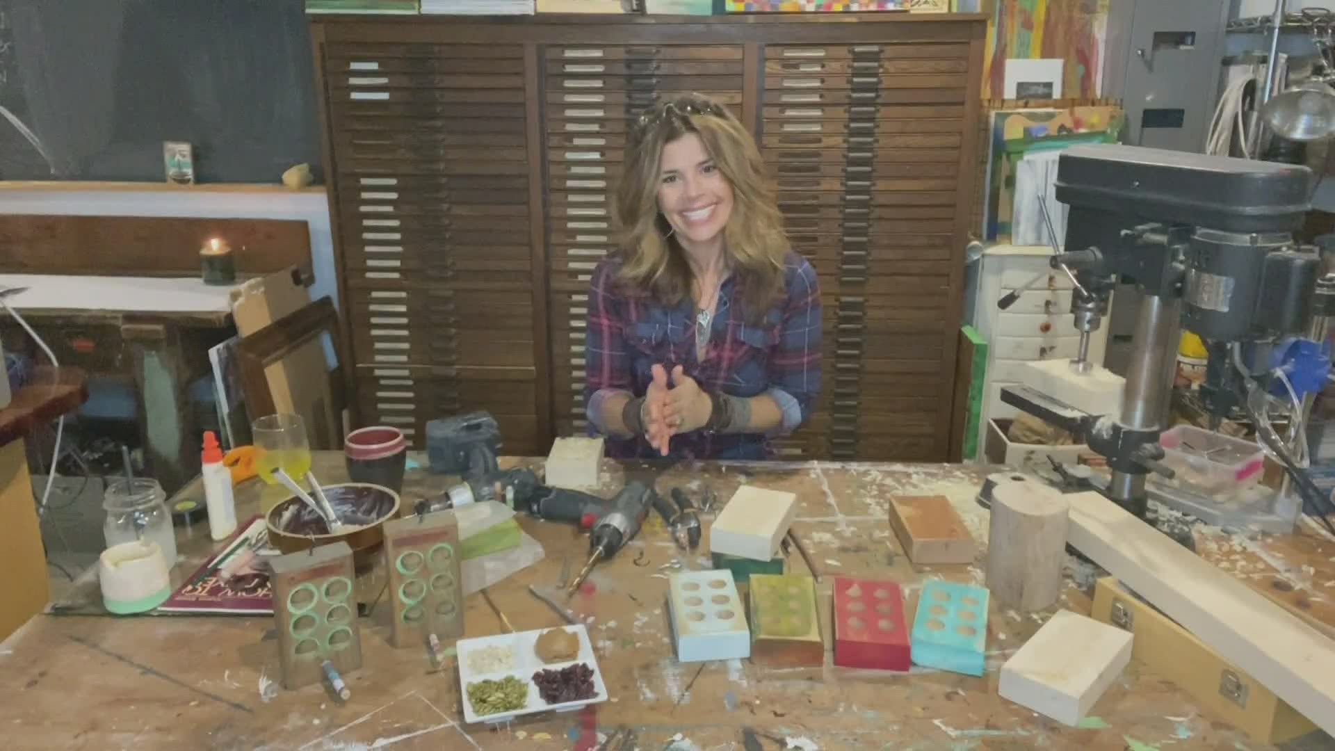 Michele creates bird feeders from 2x4s this morning on 'Iowa Live'