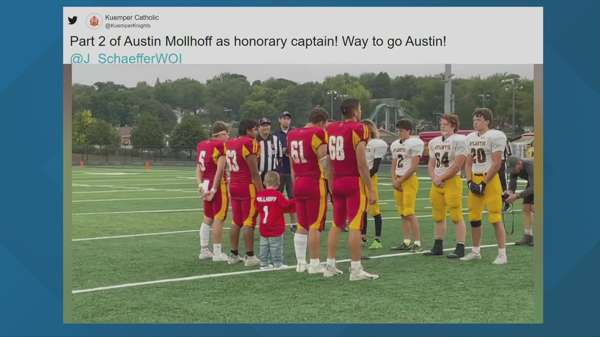 5-year-old Austin Mollhoff is battling a serious brain tumor. Kuemper Catholic and Atlantic took the time to honor the boy Friday night.