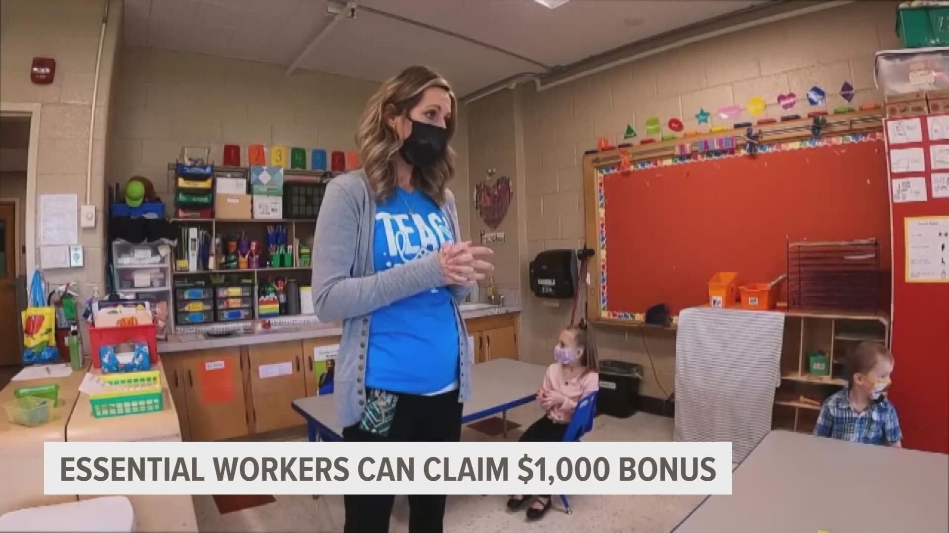 Teachers, child care workers, peace officers and corrections personnel working through the pandemic are eligible for the $1,000 bonuses.