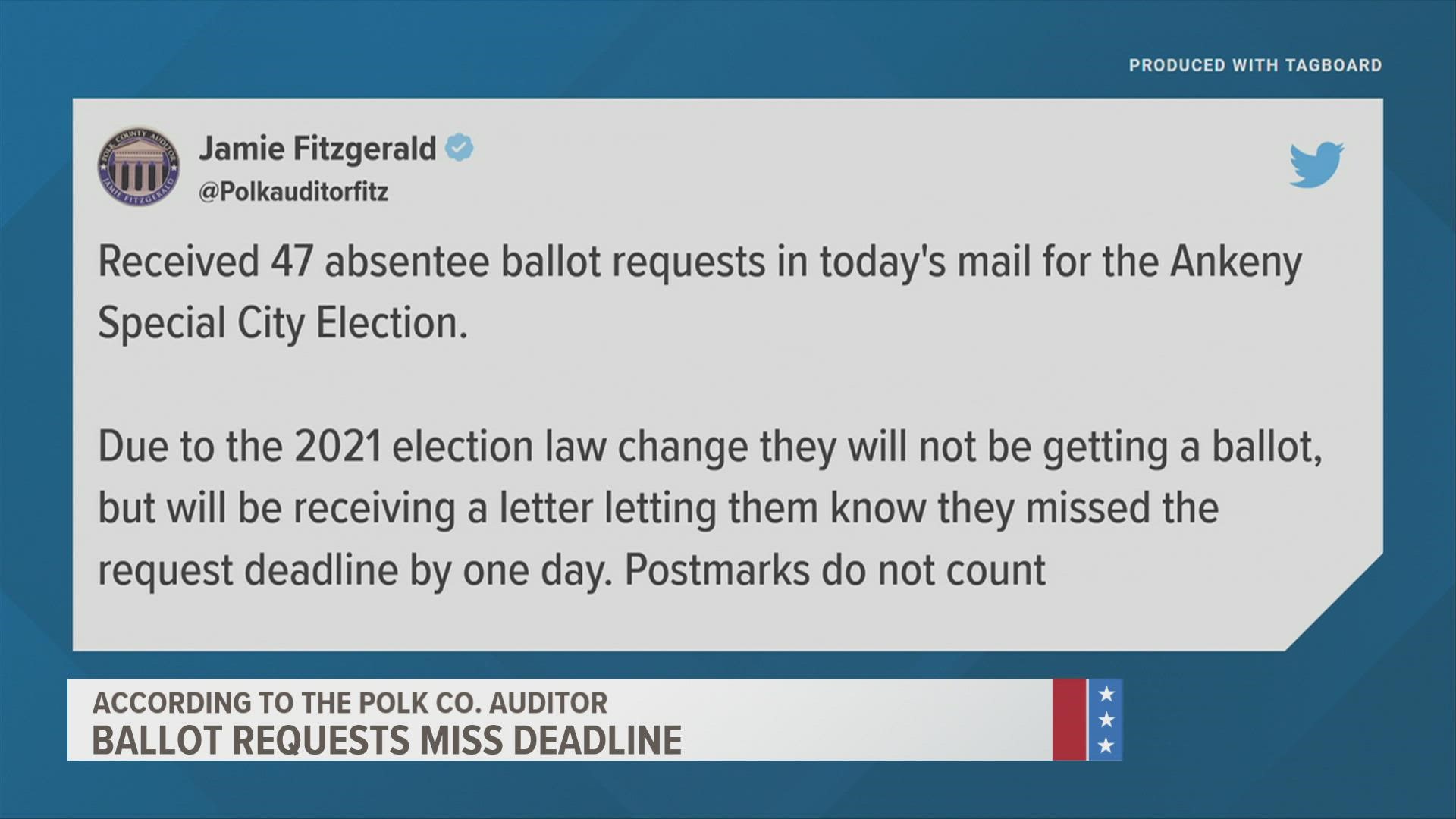 Jamie Fitzgerald said his office received 47 absentee ballot requests a day after the deadline set by 2021 election reform legislation.