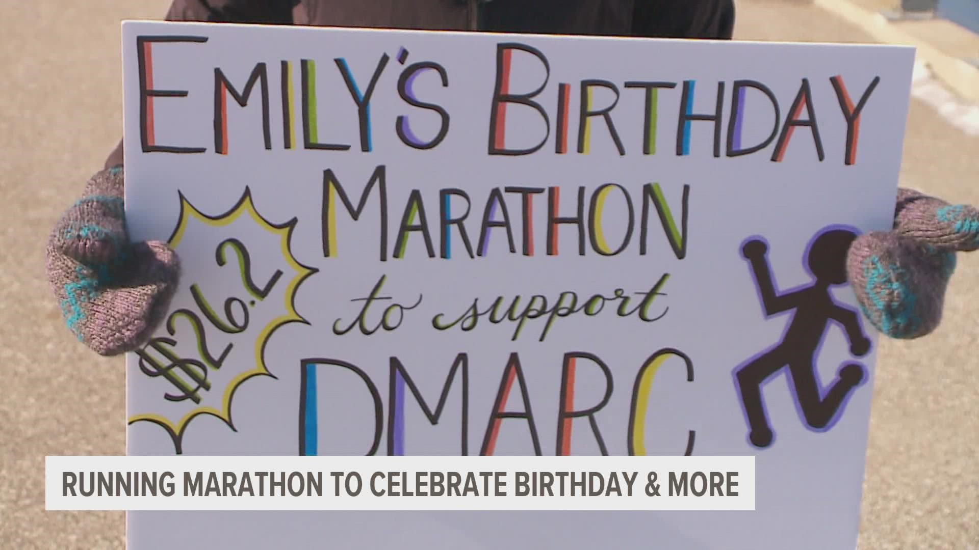 Emily Webb ran 26.2 miles and is encouraging others to donate $26.20 to DMARC, a cause close to her heart. She's also matching the first $500 donated.