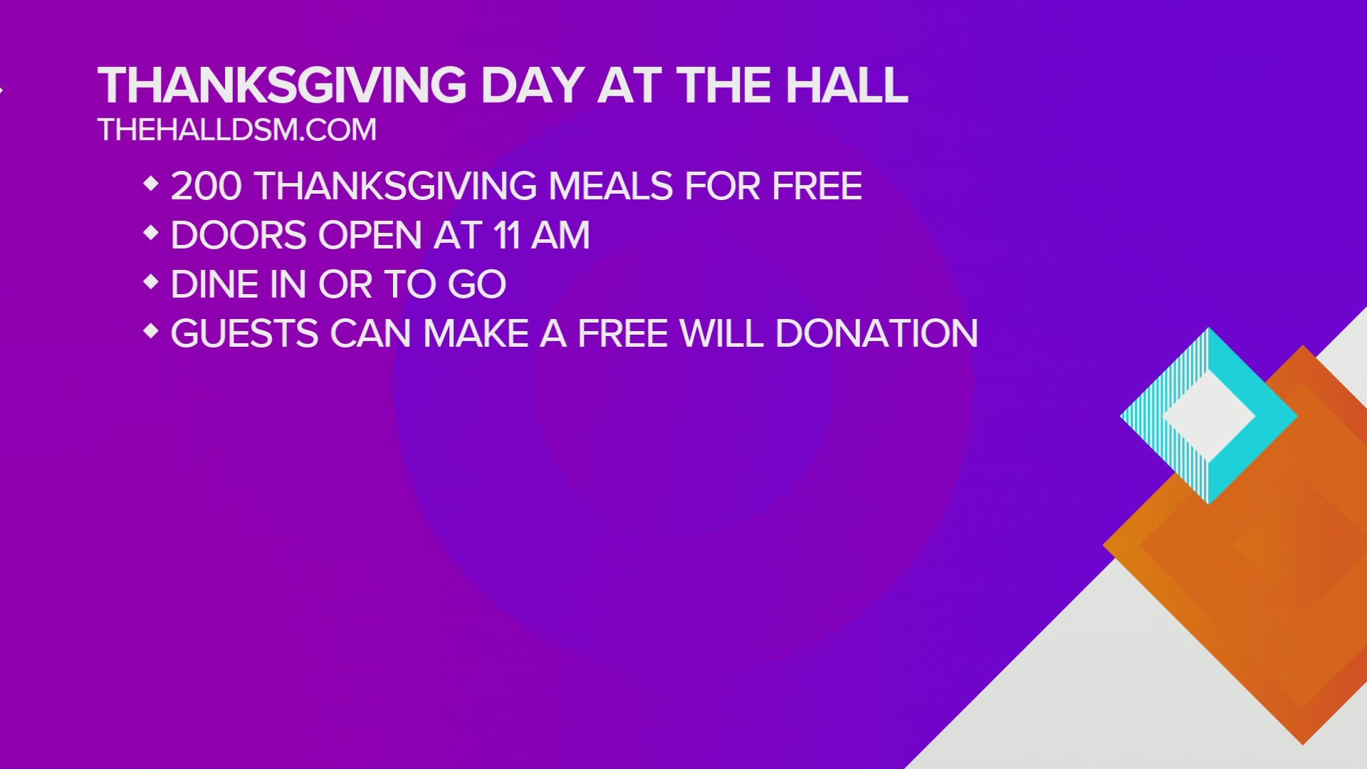 The Hall will have free meals on Thanksgiving Day