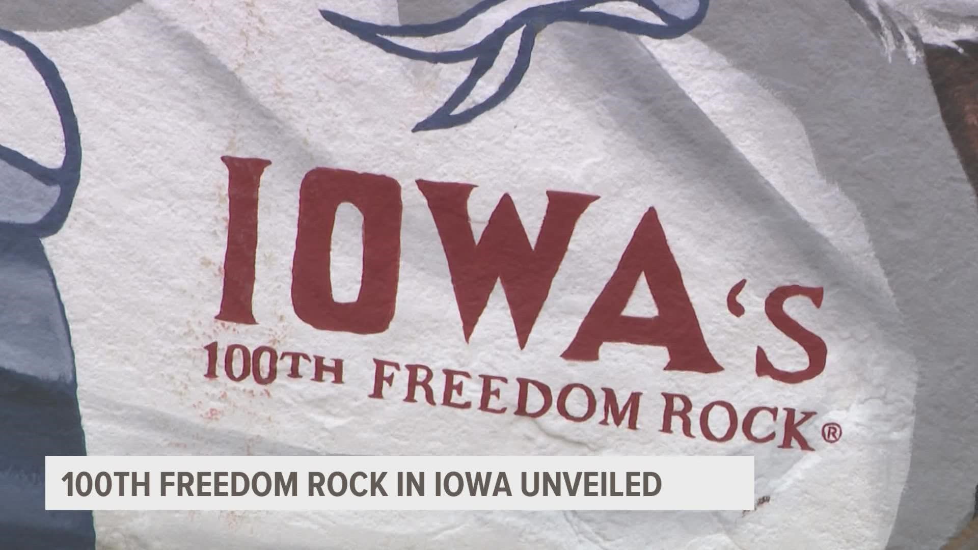 Iowa's 100th Freedom Rock was dedicated today. The artist of these murals, State Rep. Ray Sorenson, has painted patriotic scenes on stones in all 99 counties.