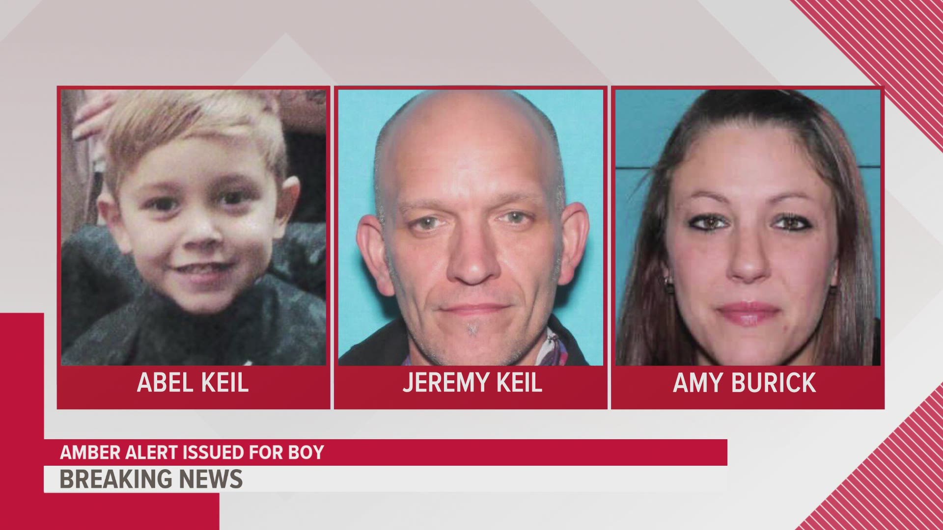 According to the alert, Abel was abducted by Jeremy Keil and Amy Burick. They are driving a silver Honda CRV heading to either Clinton or Davenport.