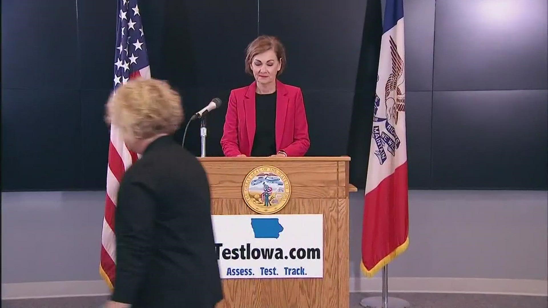 Gov. Kim Reynolds provides updates on reopening businesses as well as allocating money for a relief program for those facing eviction, foreclosure from the pandemic.