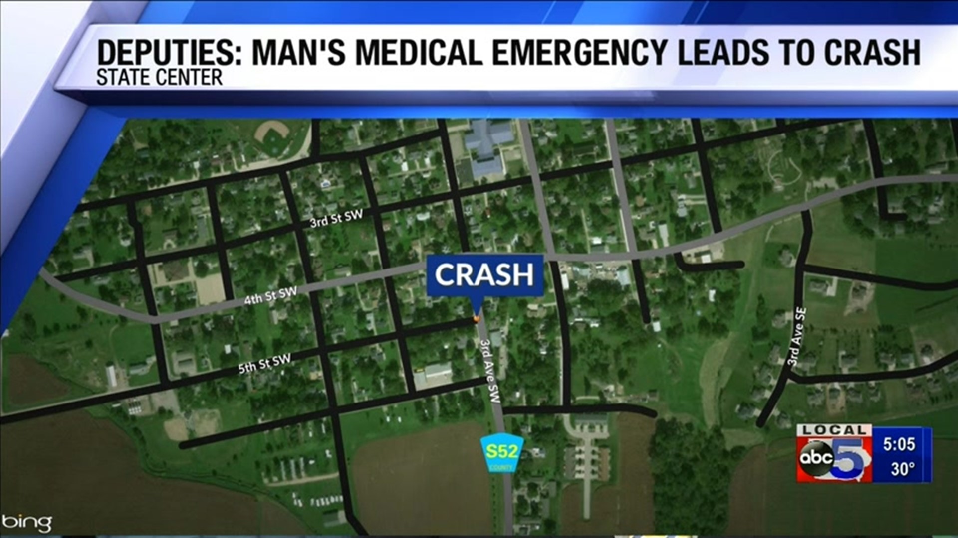 State Center man suffers medical emergency, crashes into light pole in Marshall County