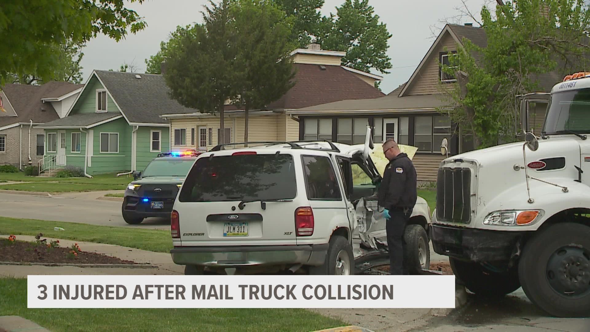 West Des Moines PD said the USPS truck did not stop at a stop sign at 4th and Locust streets.