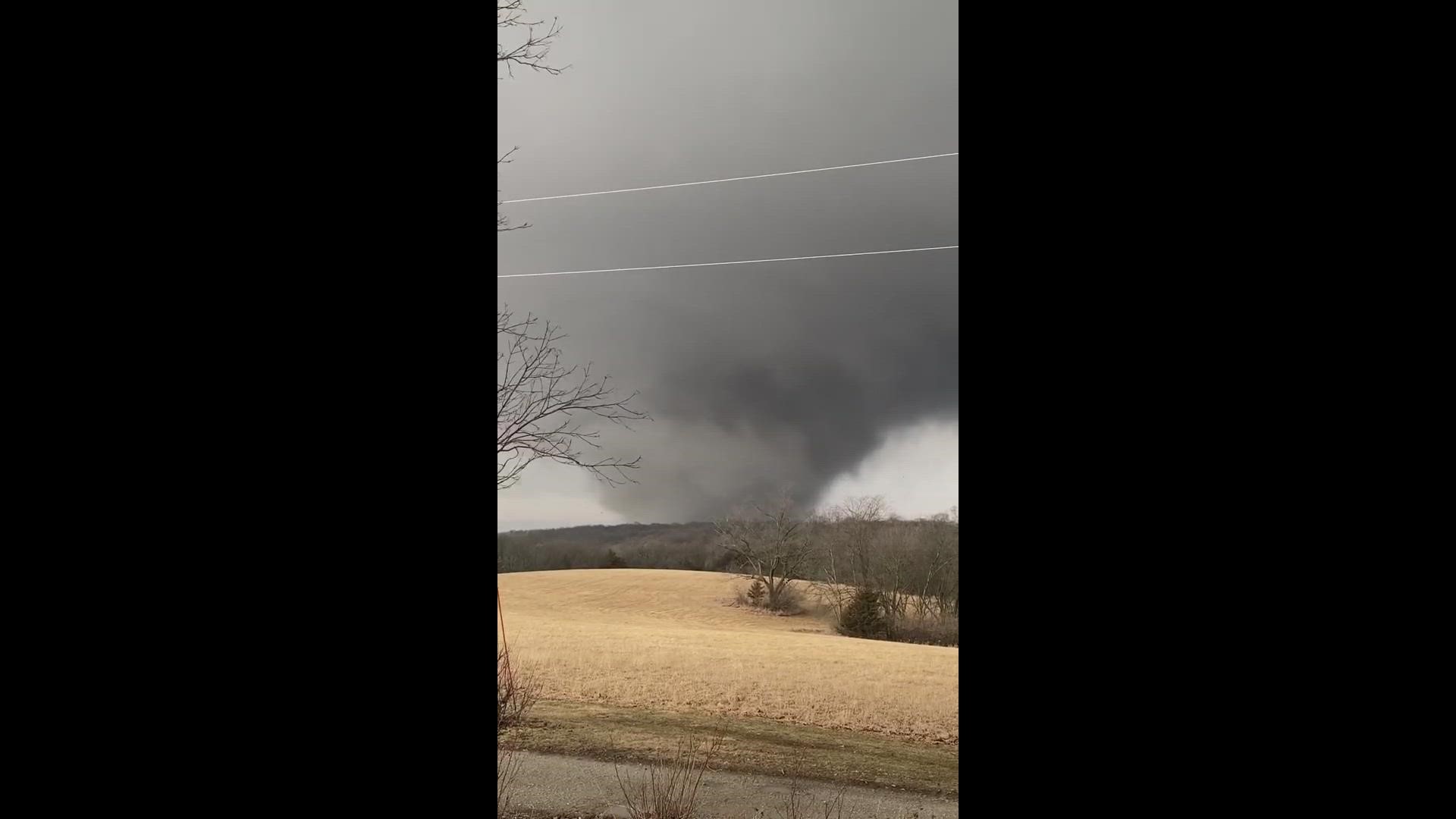 Video shows an apparent tornado at PepperHarrow Farm in Winterset, Iowa on Saturday, March 5, 2022. (Video used by permission from PepperHarrow Farm)