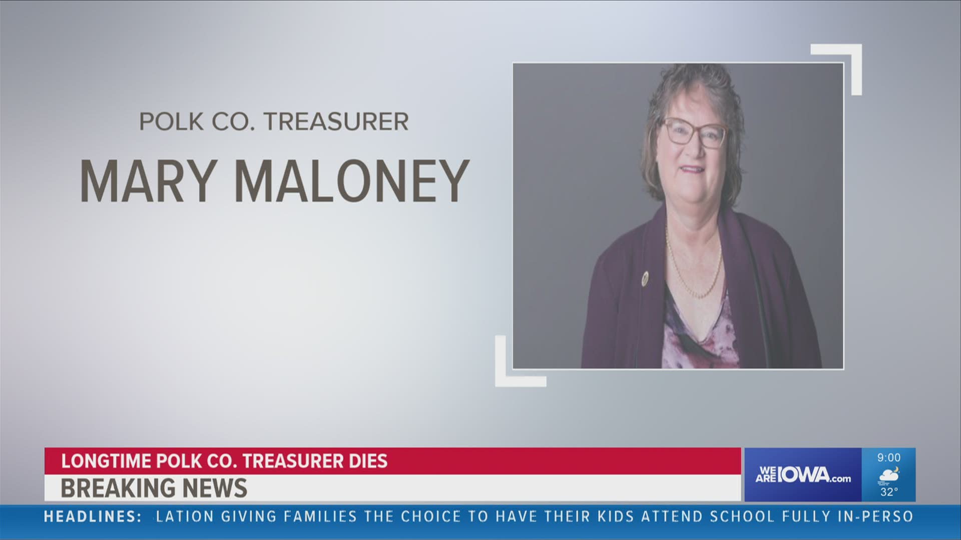 Mary Maloney served seven terms, a total of 32 years, as Polk County's treasurer. She leaves behind her husband Peter and their four children.