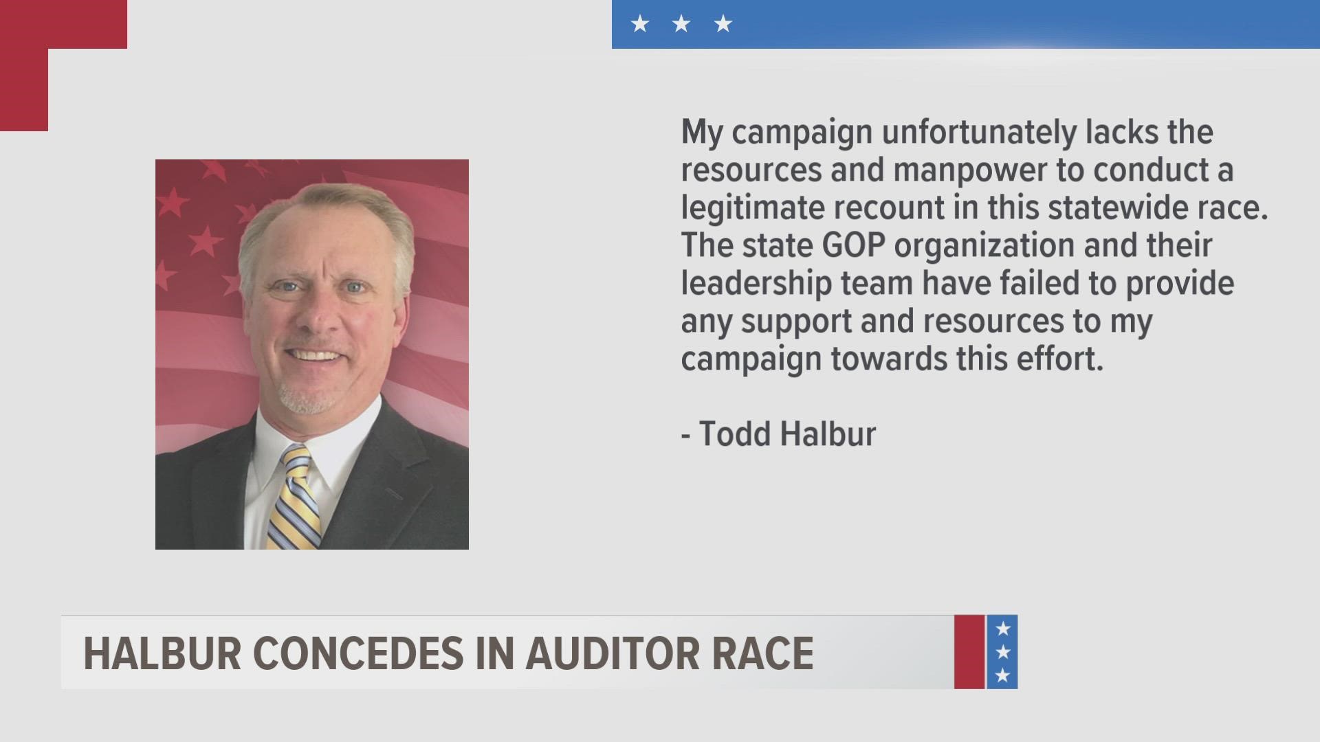 "My campaign unfortunately lacks the resources and manpower to conduct a legitimate recount in this statewide race," Halbur wrote in a Facebook post Friday.