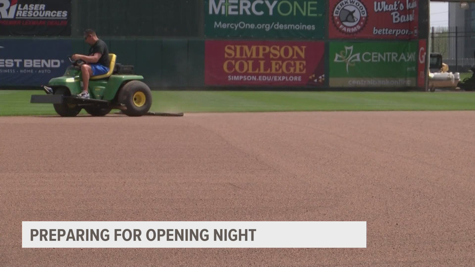 Workers and interns are making sure Principal Park is set up for opening night of the Iowa Cubs game.
