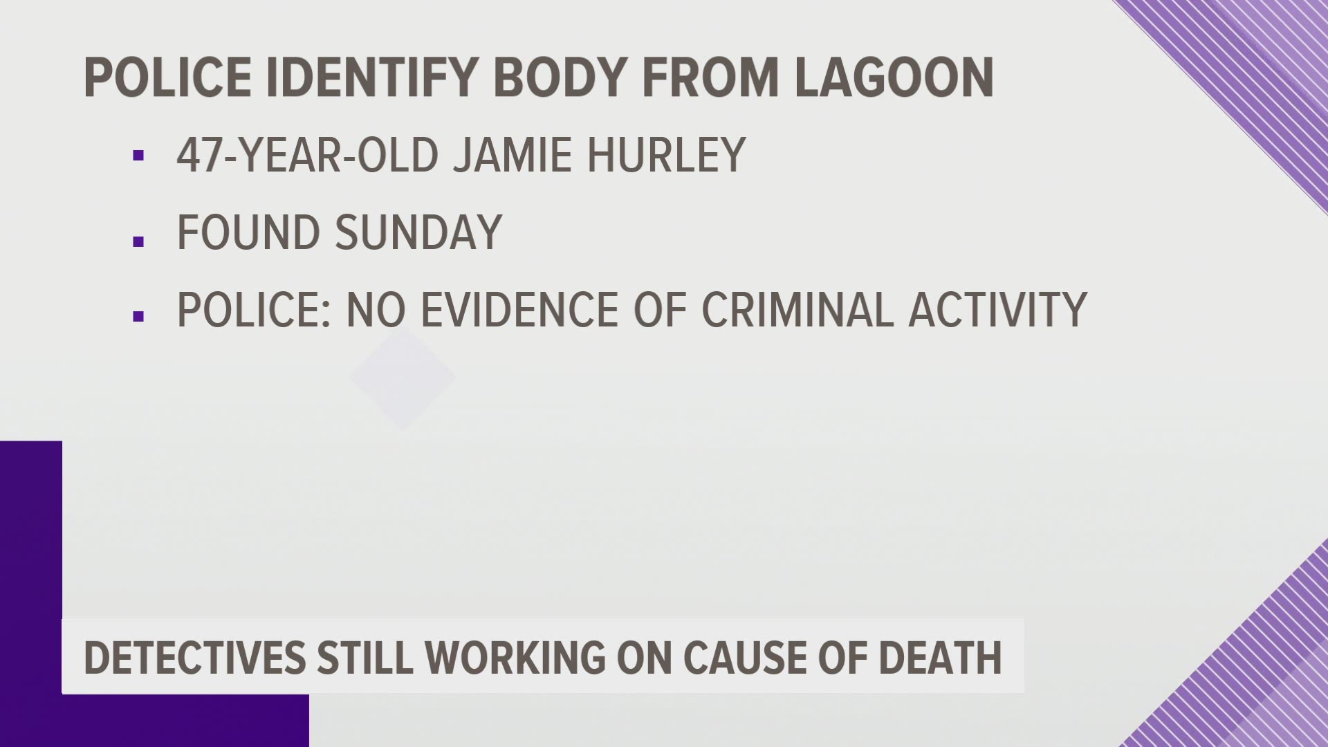 A release from the Des Moines Police Department says there is no indication or evidence of criminal activity around the death of 47-year-old Jamie Alan Hurley.
