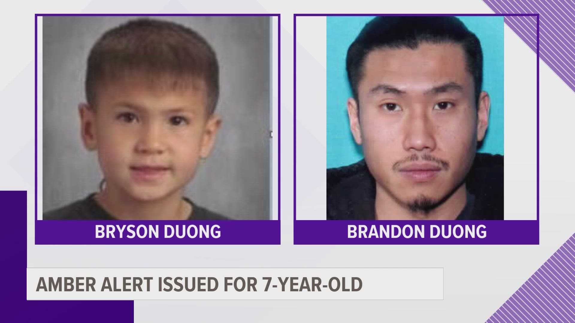 7-year-old Bryson Duong is believed to have been abducted by 34-year-old Brandon Duong.