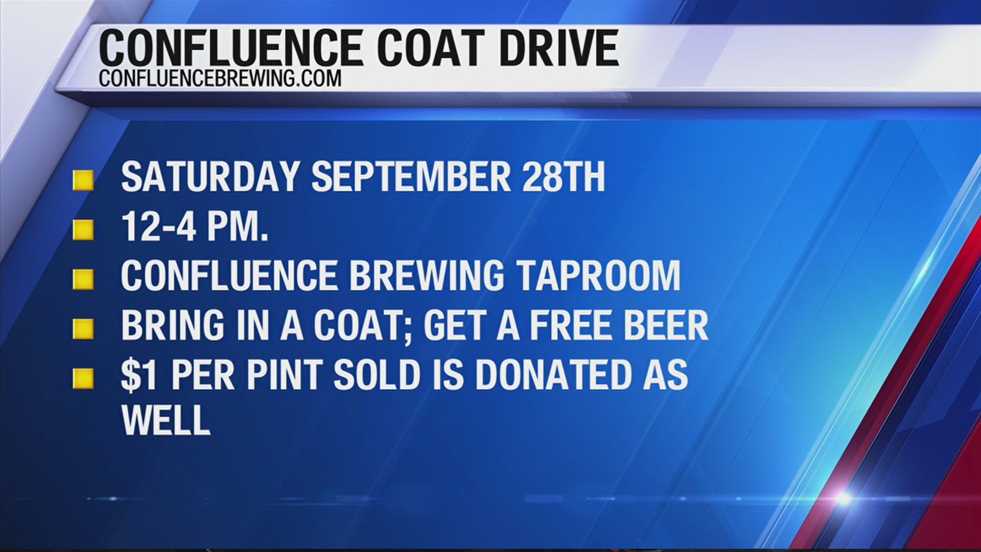 The colder months are approaching and this weekend, you can help students stay warm all winter long by participating in Confluence Brewing Company's coat drive.