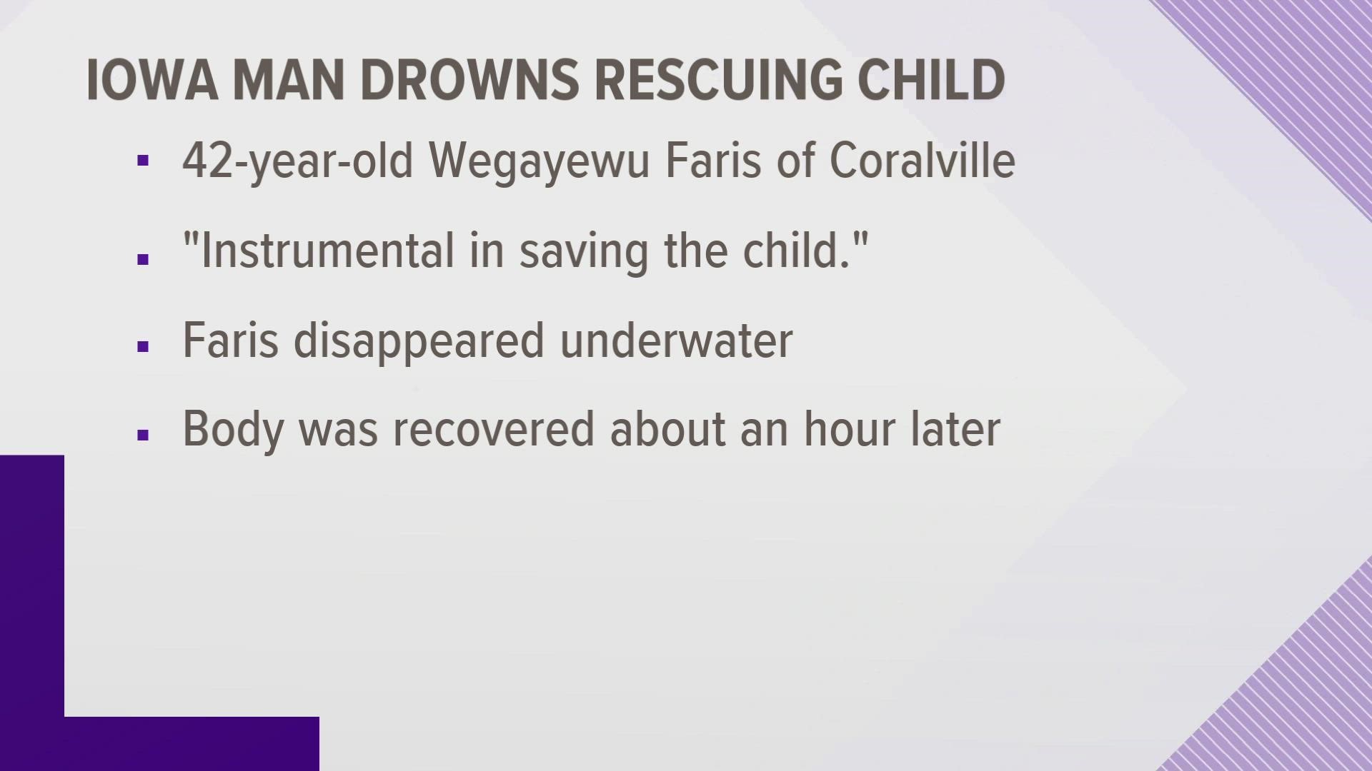 Wegayewu Faris, 42, drowned in the Iowa River on Friday while helping rescue an 8-year-old from the water.