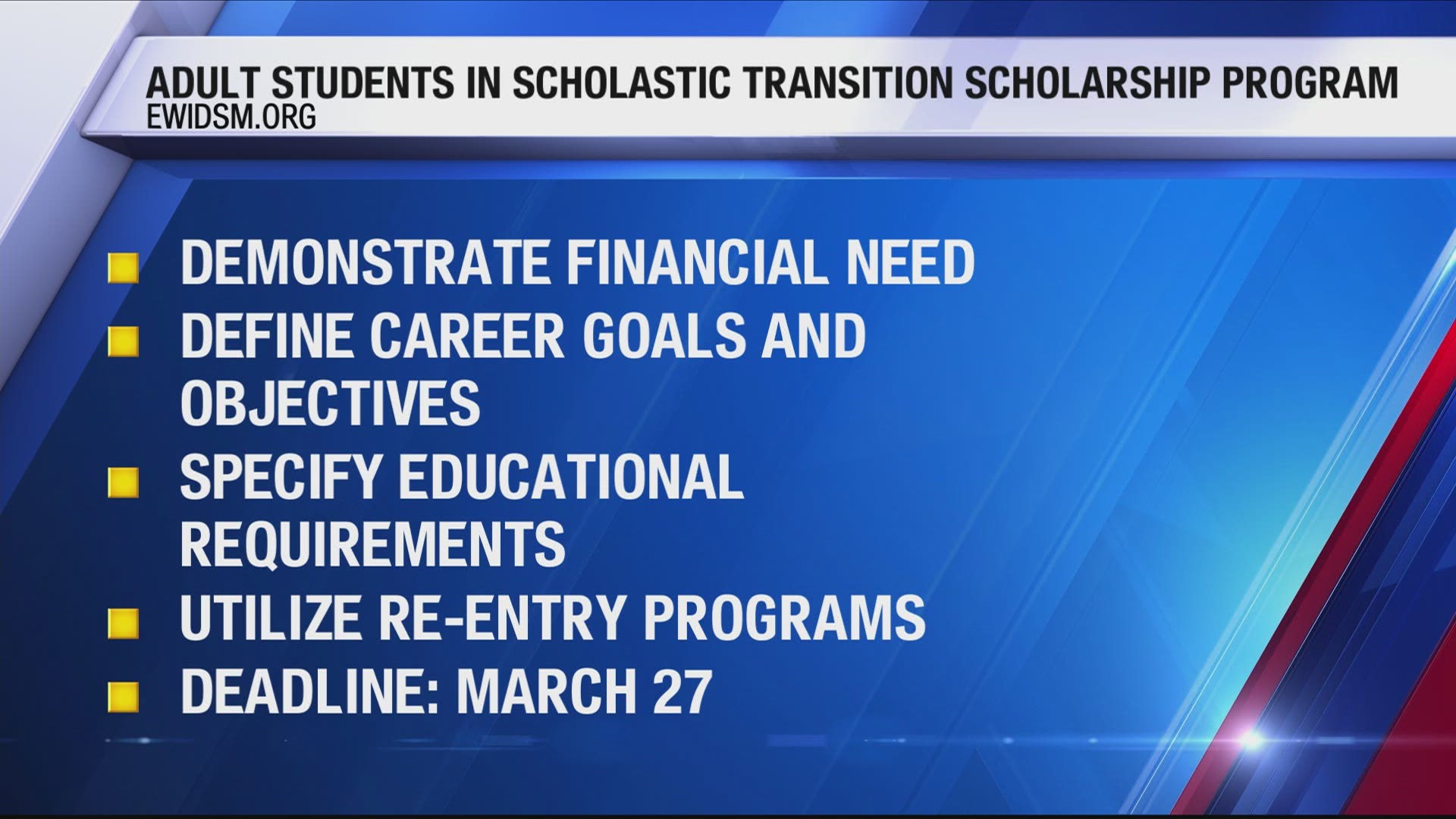 Adults looking to achieve a higher education can now apply for financial assistance with EWI's Adult Students in Scholastic Transition scholarship program.