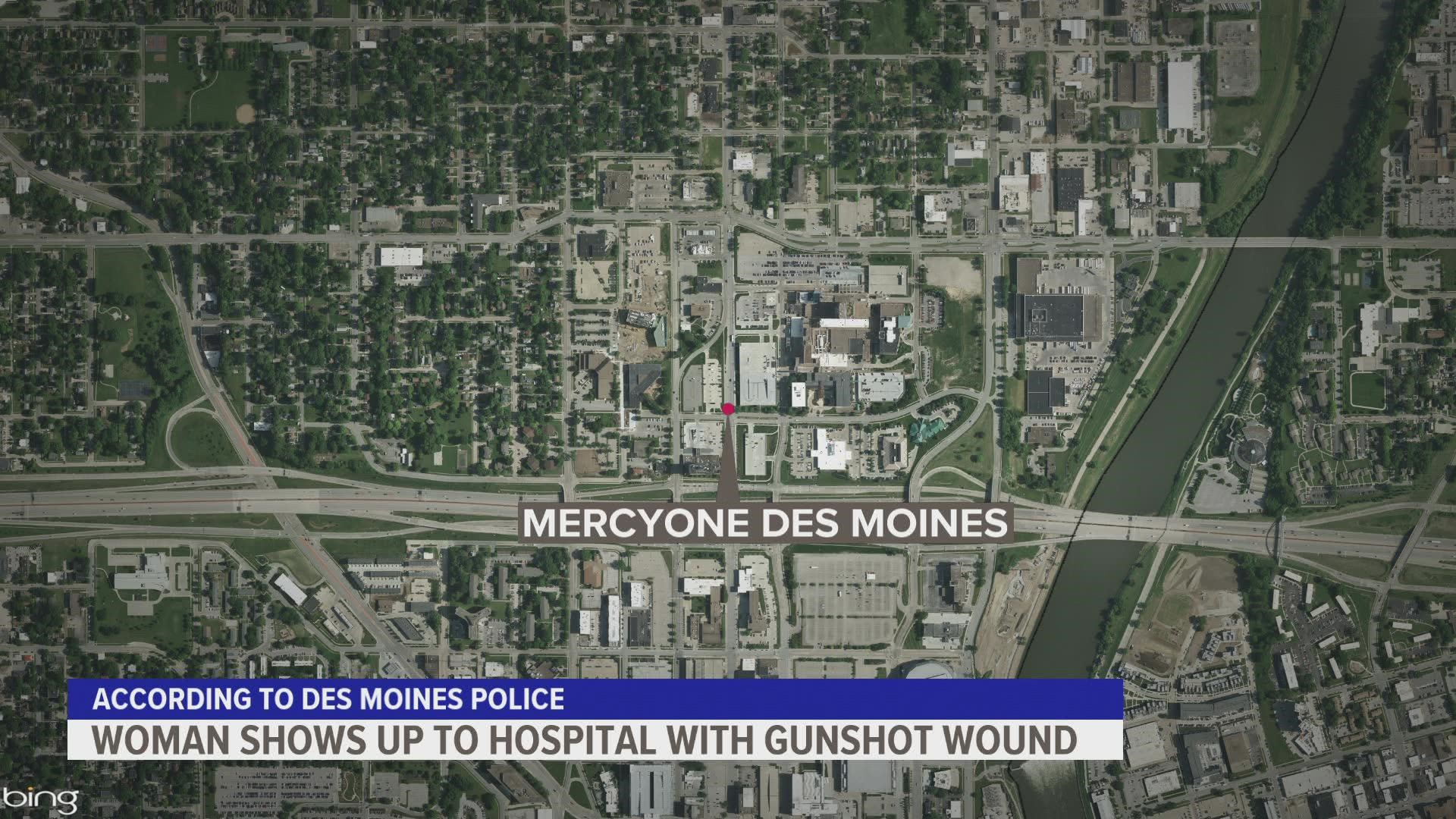 Des Moines police say the person who dropped the woman off at the hospital fled before they were detained nearby.