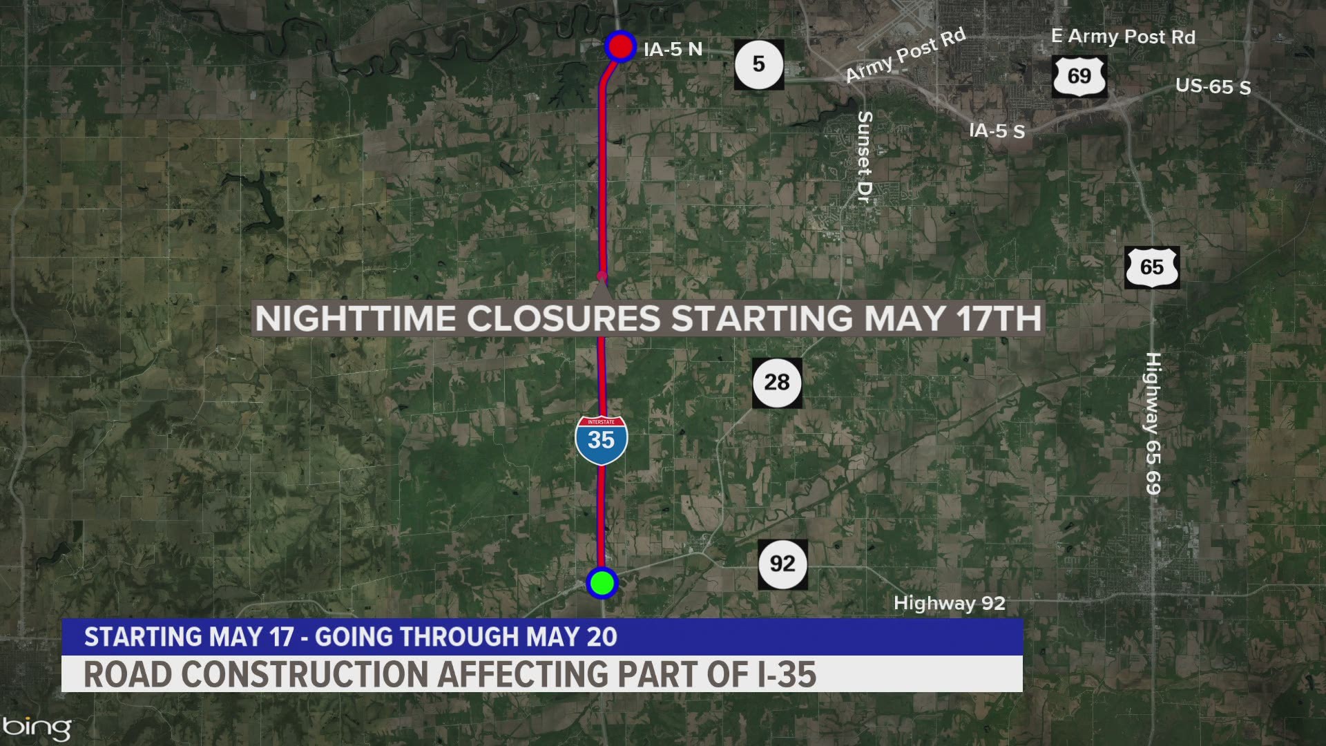 The Iowa Department of Transportation says nighttime construction to remove the Fillmore Street Bridge over I-35 will require closing north- and southbound I-35.