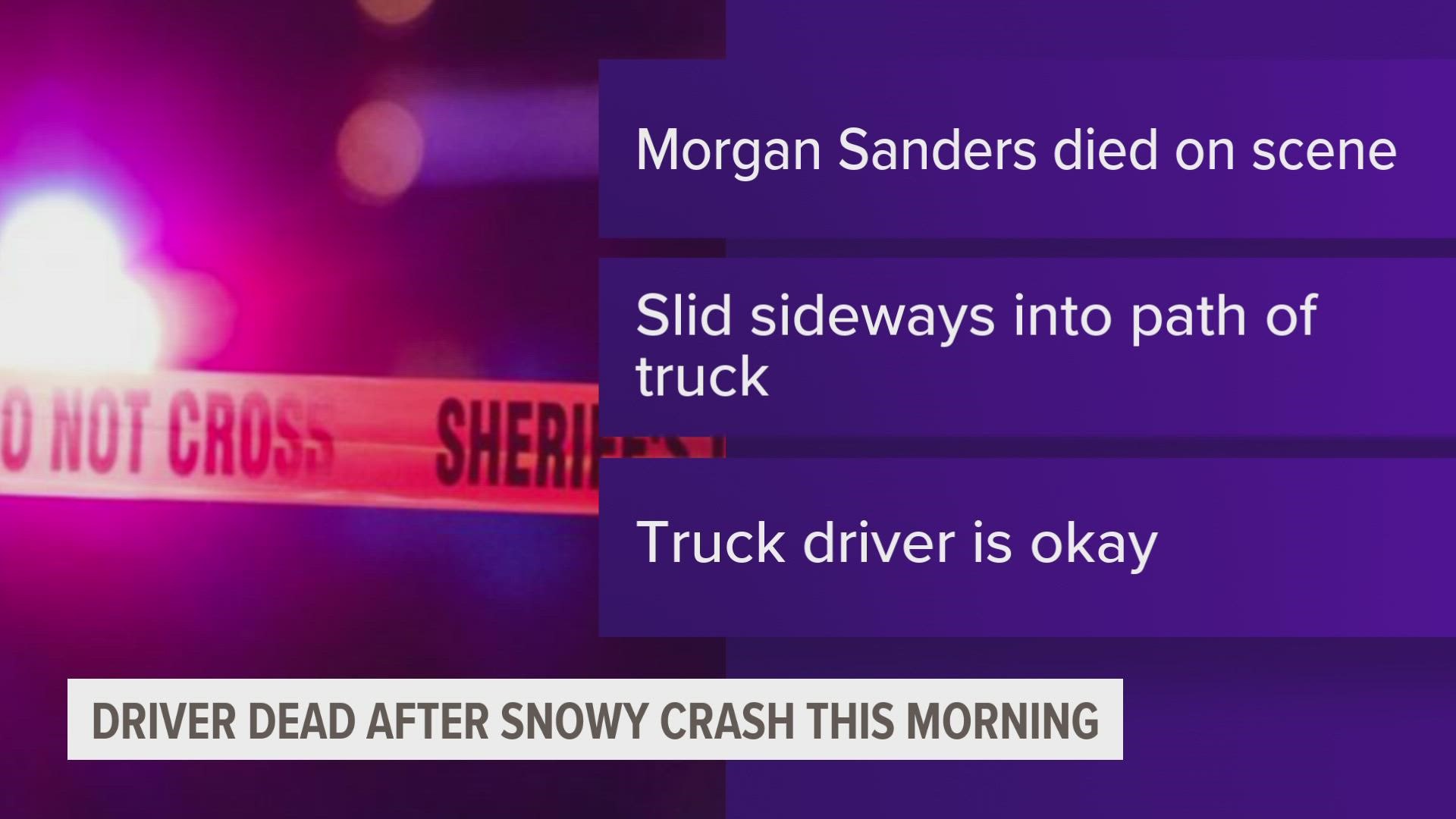 Preliminary investigation indicates that Sanders was travelling northbound when he lost control of his vehicle "due to snowy conditions".
