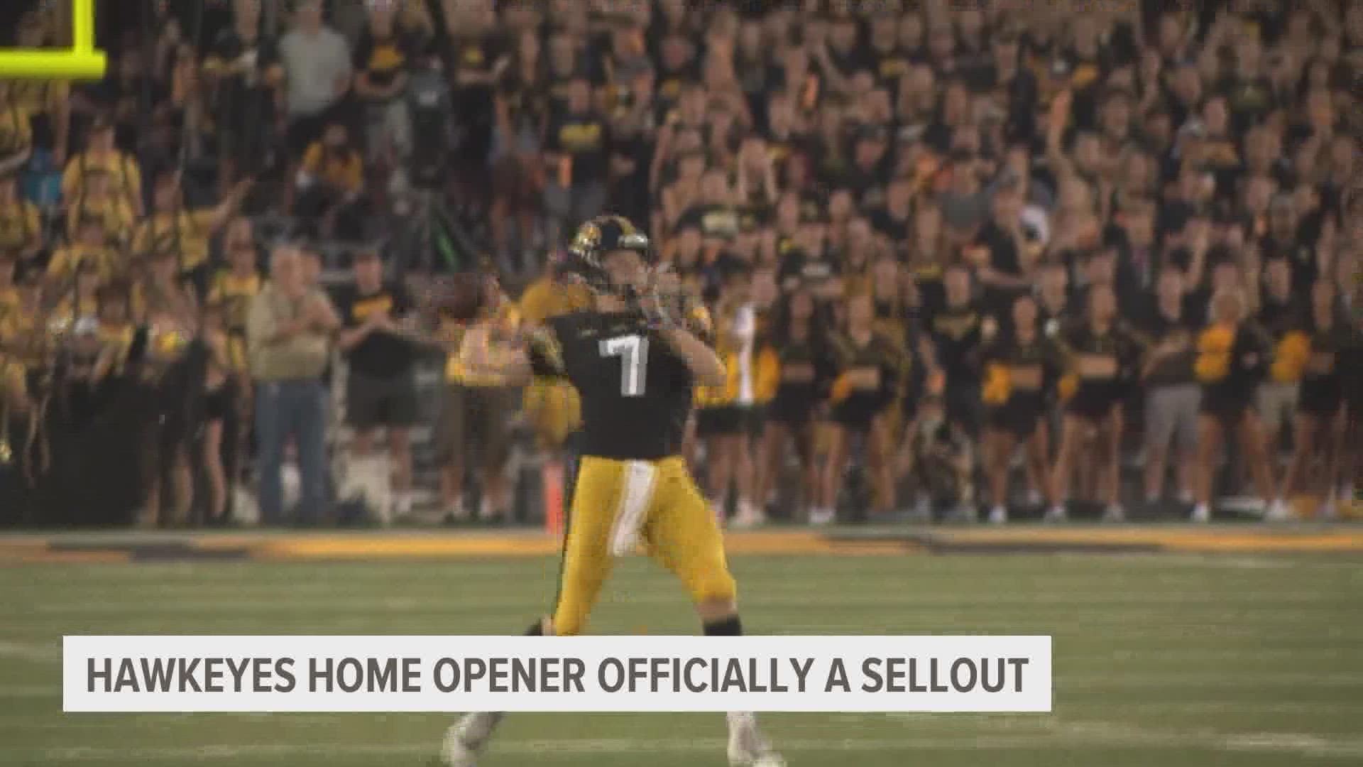 The game on Sept. 3 becomes the sixth Iowa game to sell out. The rivalry game between Iowa and Nebraska on Black Friday is the only game with tickets left.