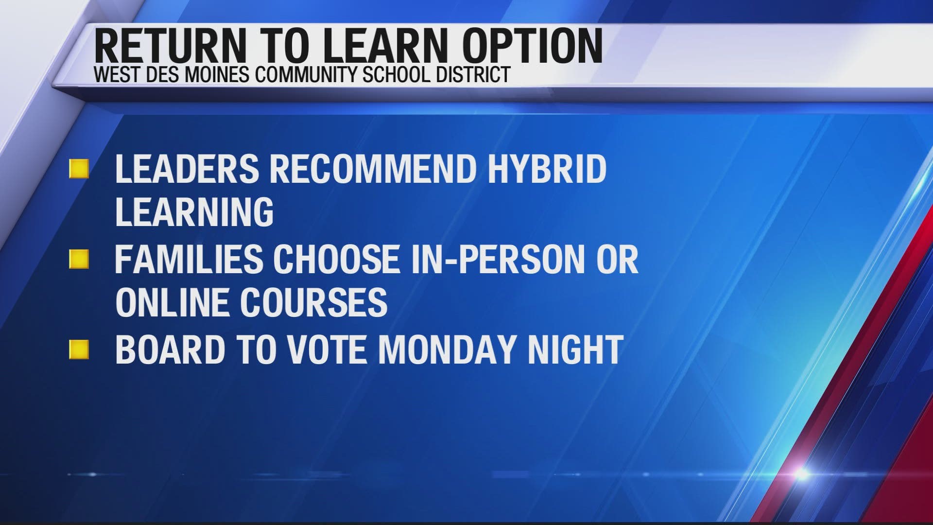West Des Moines Community Schools leadership recommend hybrid learning model. The school board will meet Monday to consider the Return to Learn recommendation.