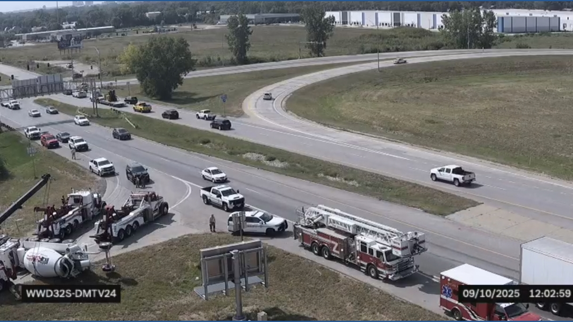 Cement truck tips over on Interstate 35/80 ramp, driver has minor ...